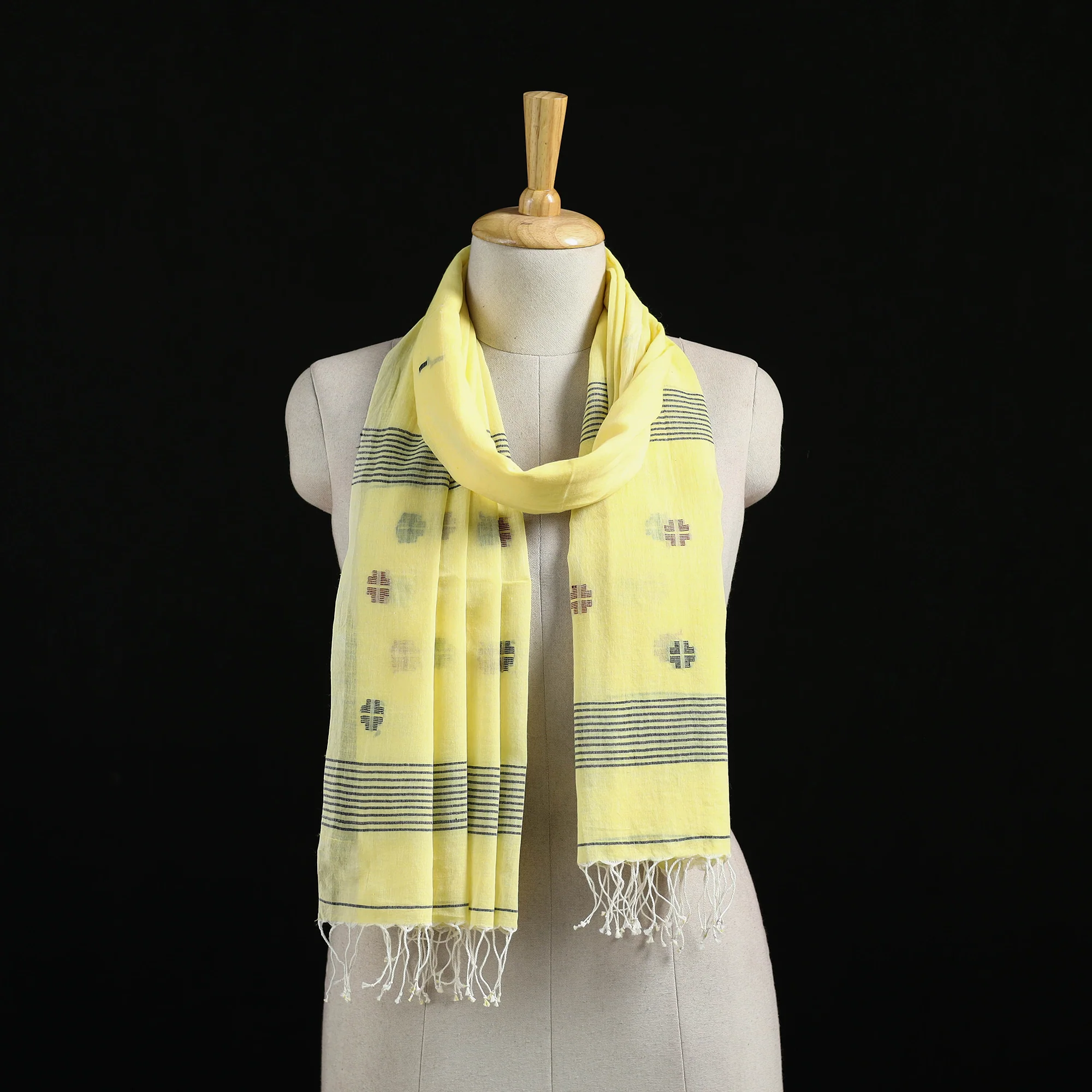 Yellow - Burdwan Jamdani Handloom Cotton Stole with Tassels 14