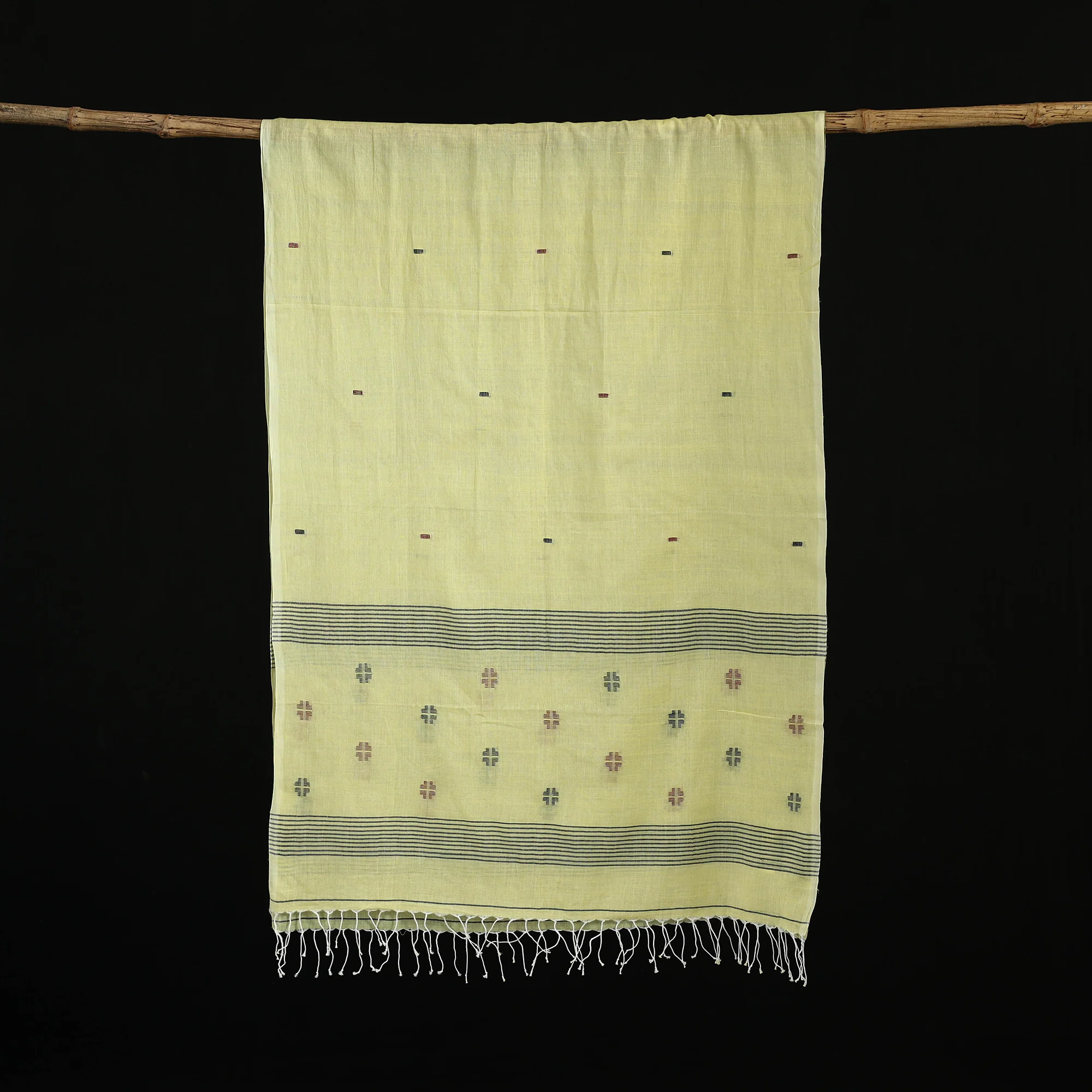 Yellow - Burdwan Jamdani Handloom Cotton Stole with Tassels 14 - Image 3