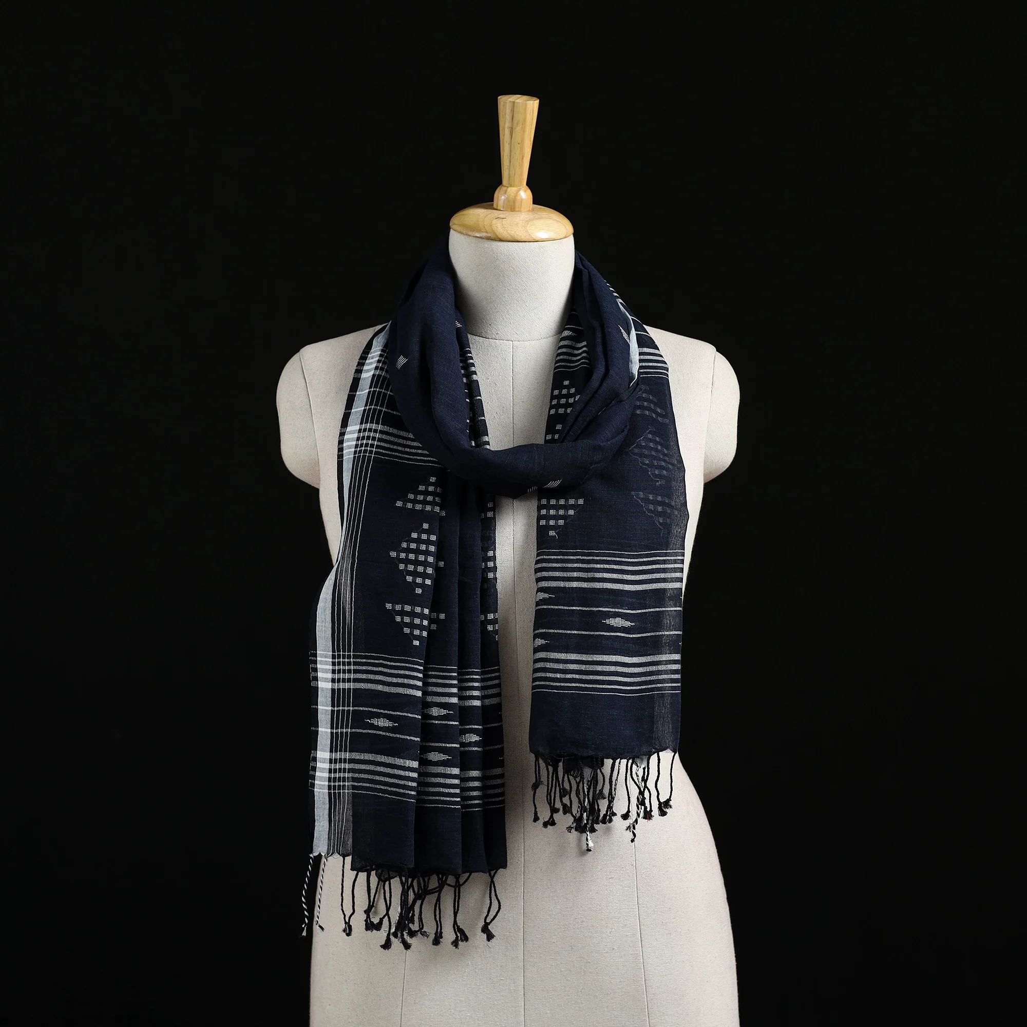 Blue - Burdwan Jamdani Handloom Cotton Stole with Tassels 16