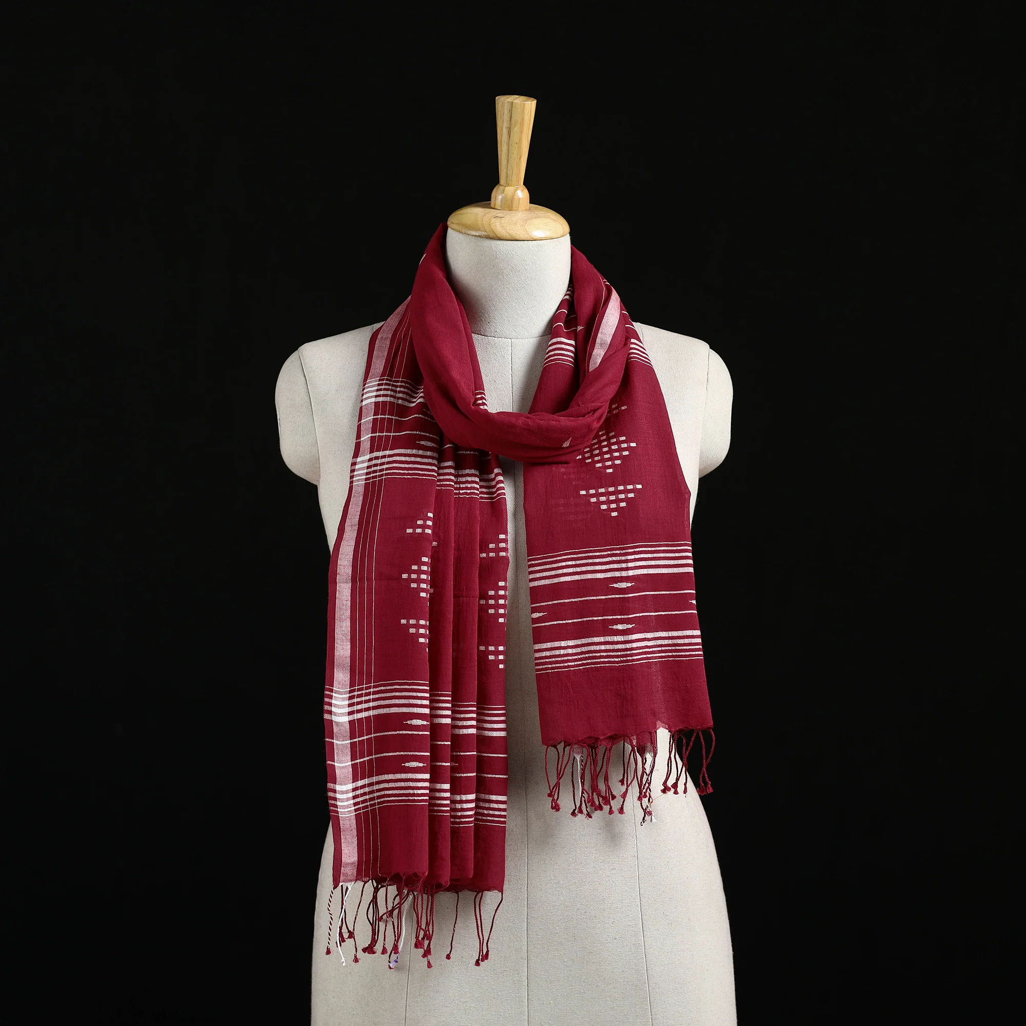 Maroon - Burdwan Jamdani Handloom Cotton Stole with Tassels 17