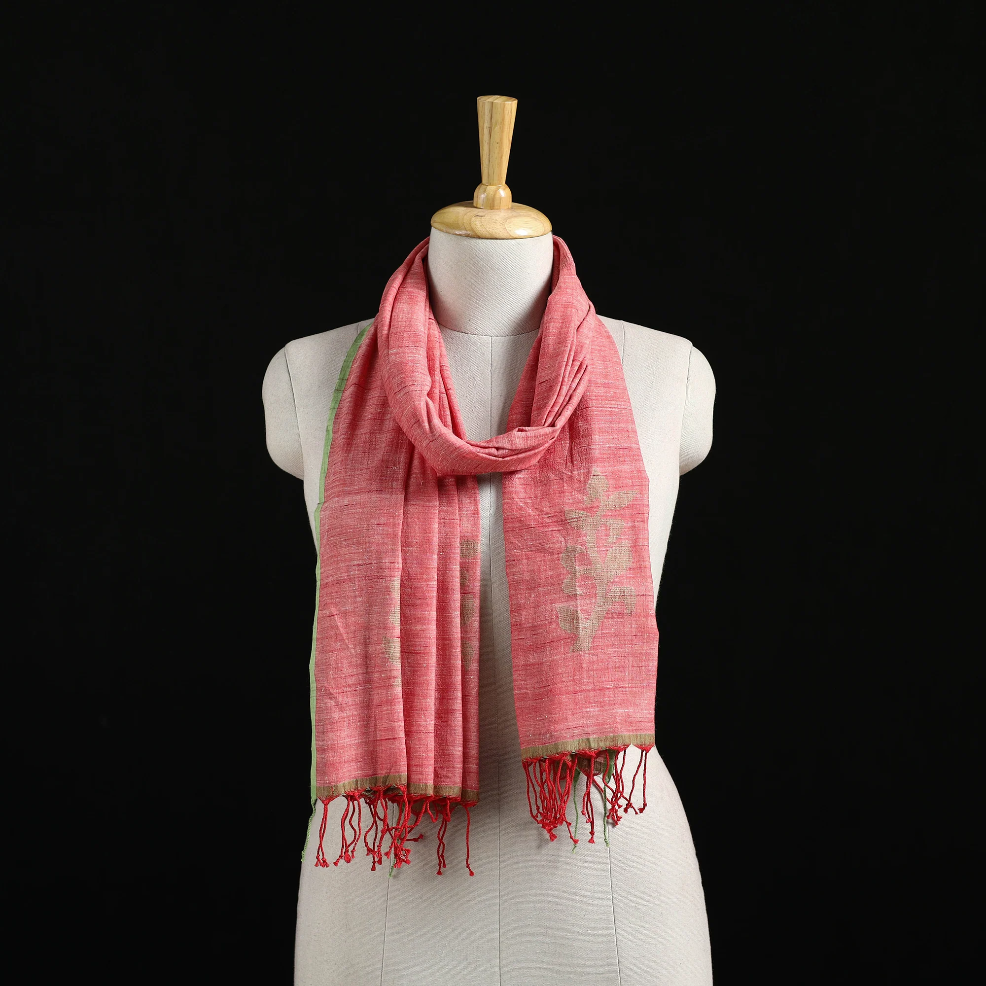 Pink - Burdwan Jamdani Handloom Cotton Stole with Tassels 18