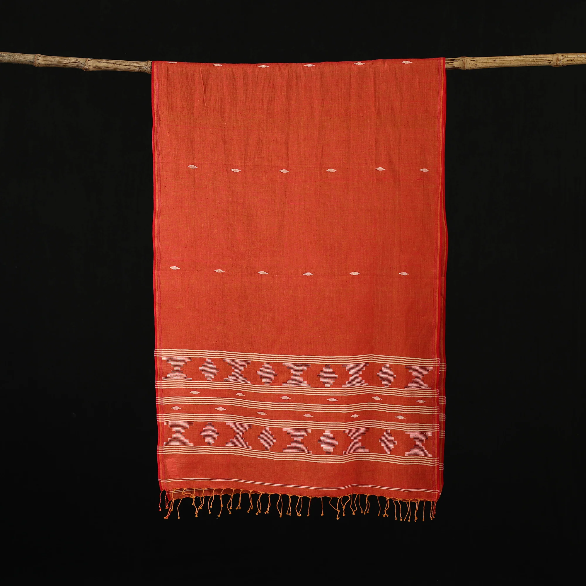 Red - Burdwan Jamdani Handloom Cotton Stole with Tassels 20 - Image 3