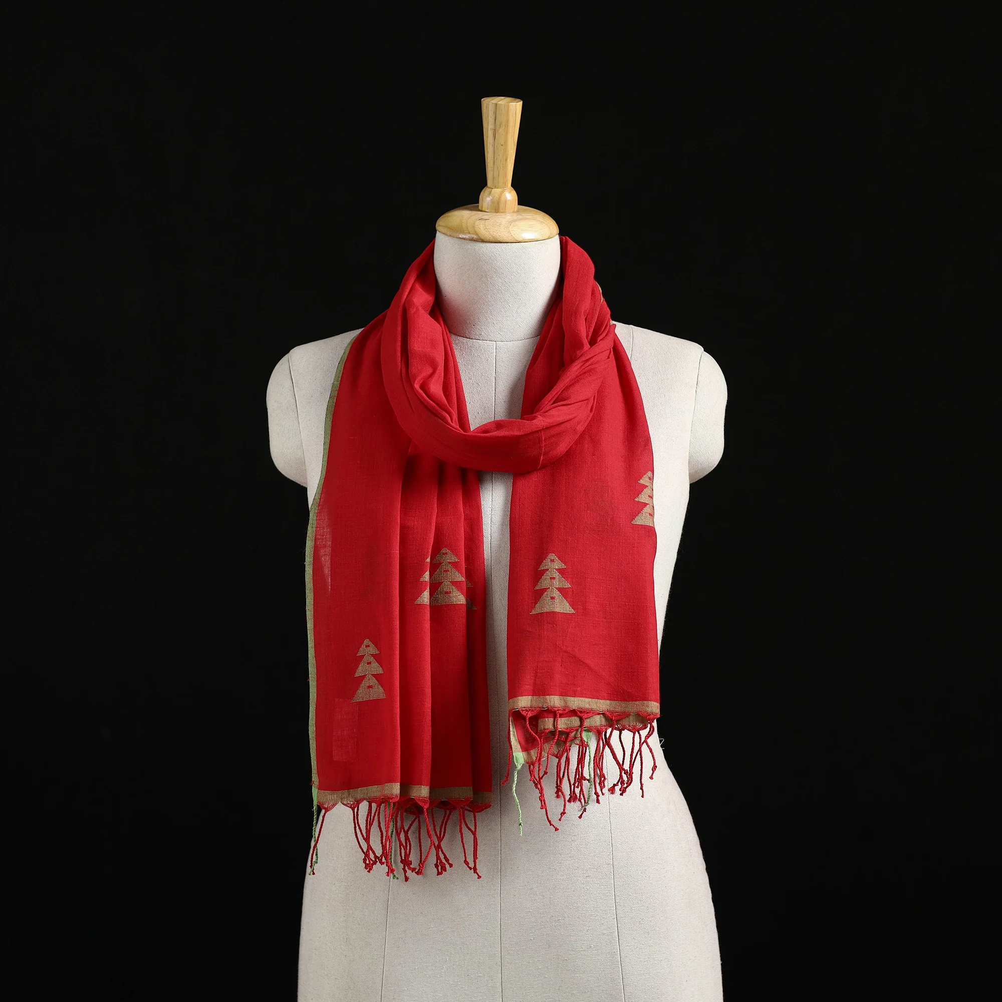 Red - Burdwan Jamdani Handloom Cotton Stole with Tassels 21