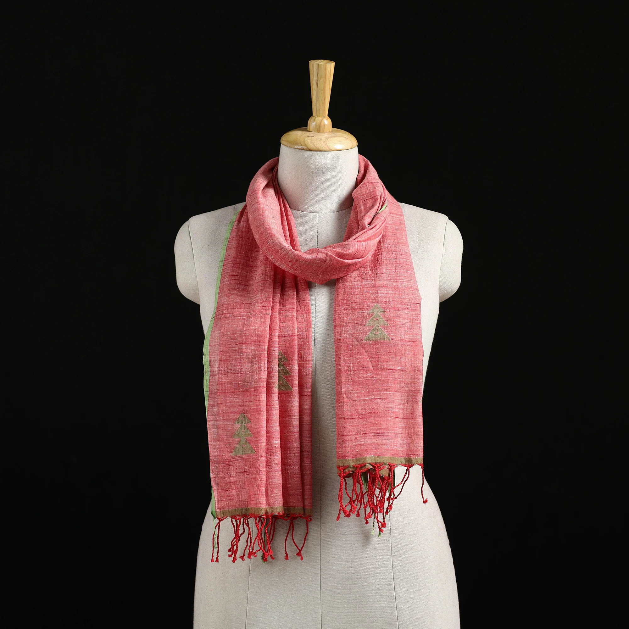 Red - Burdwan Jamdani Handloom Cotton Stole with Tassels 22