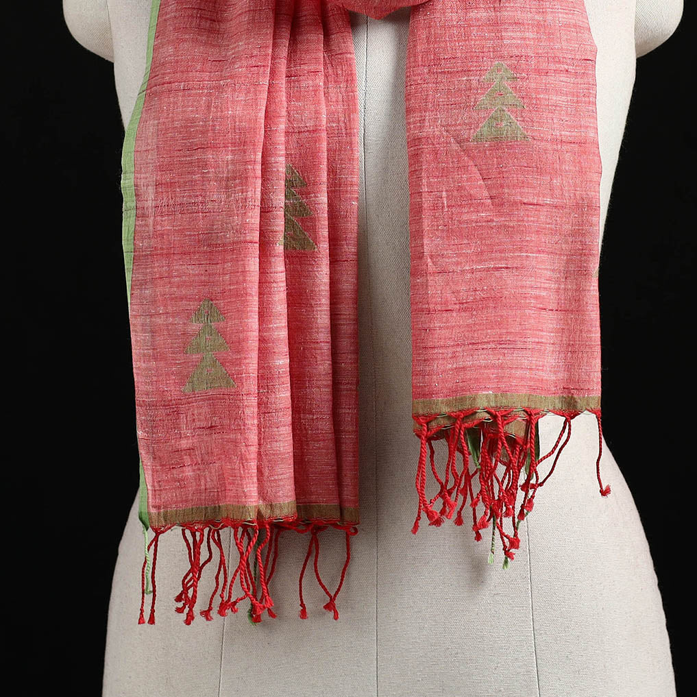 Red - Burdwan Jamdani Handloom Cotton Stole with Tassels 22 - Image 2