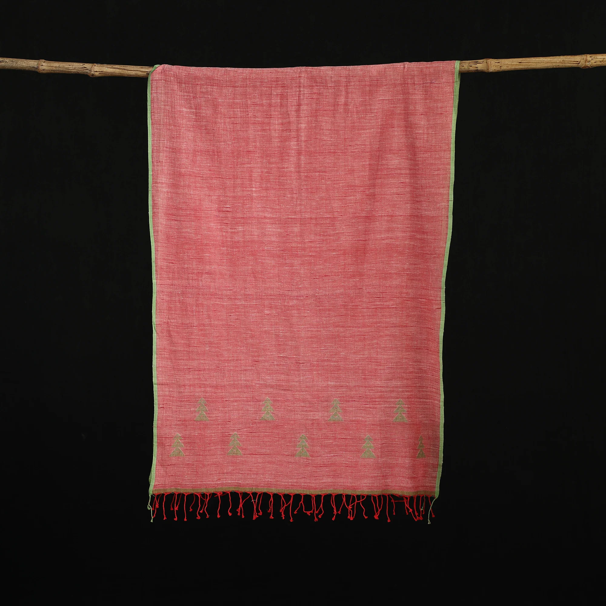 Red - Burdwan Jamdani Handloom Cotton Stole with Tassels 22 - Image 3