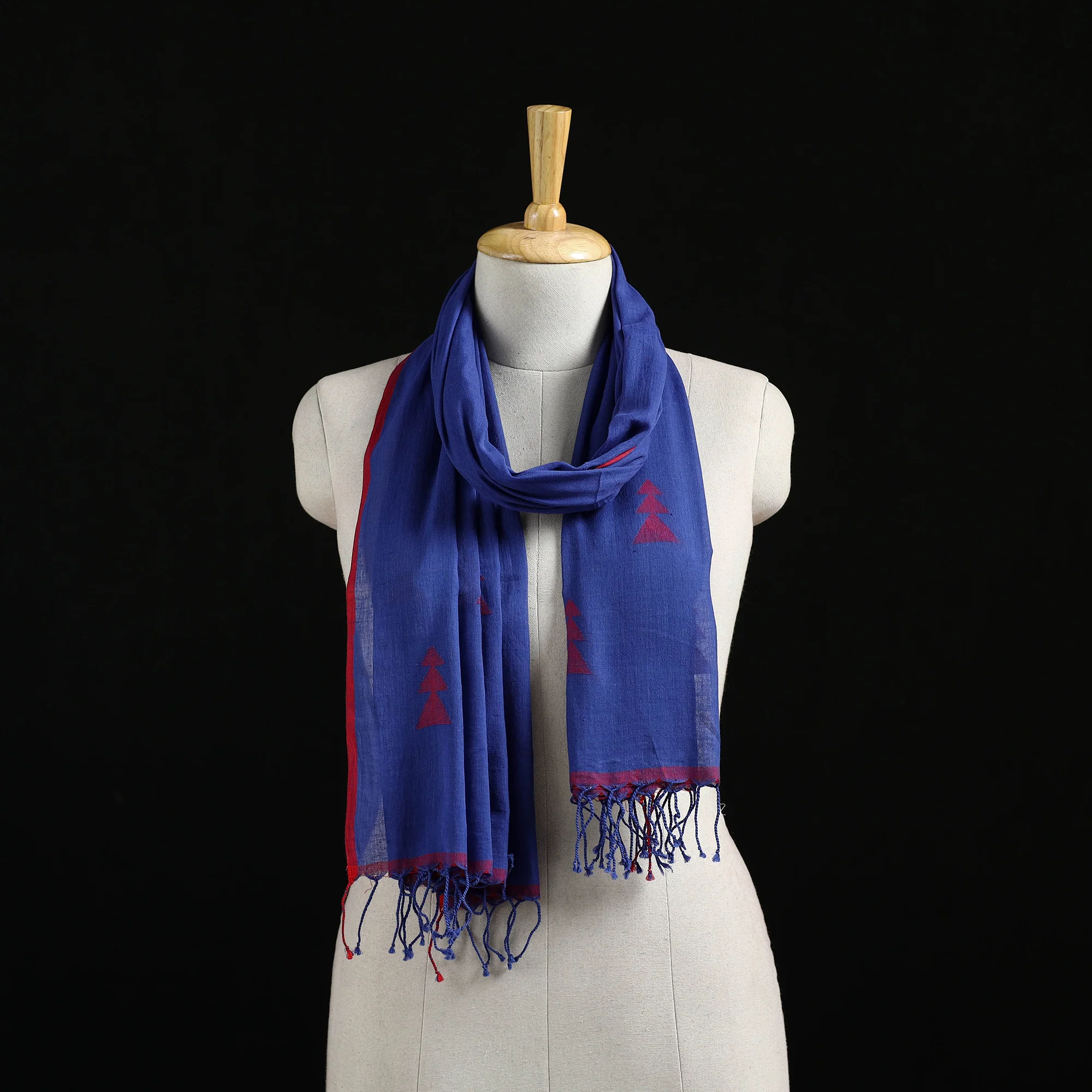 Blue - Burdwan Jamdani Handloom Cotton Stole with Tassels 23