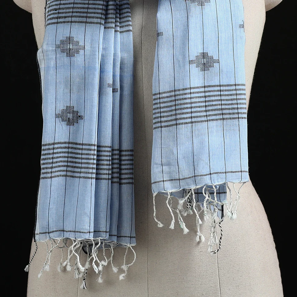 Blue - Burdwan Jamdani Handloom Cotton Stole with Tassels 27 - Image 2