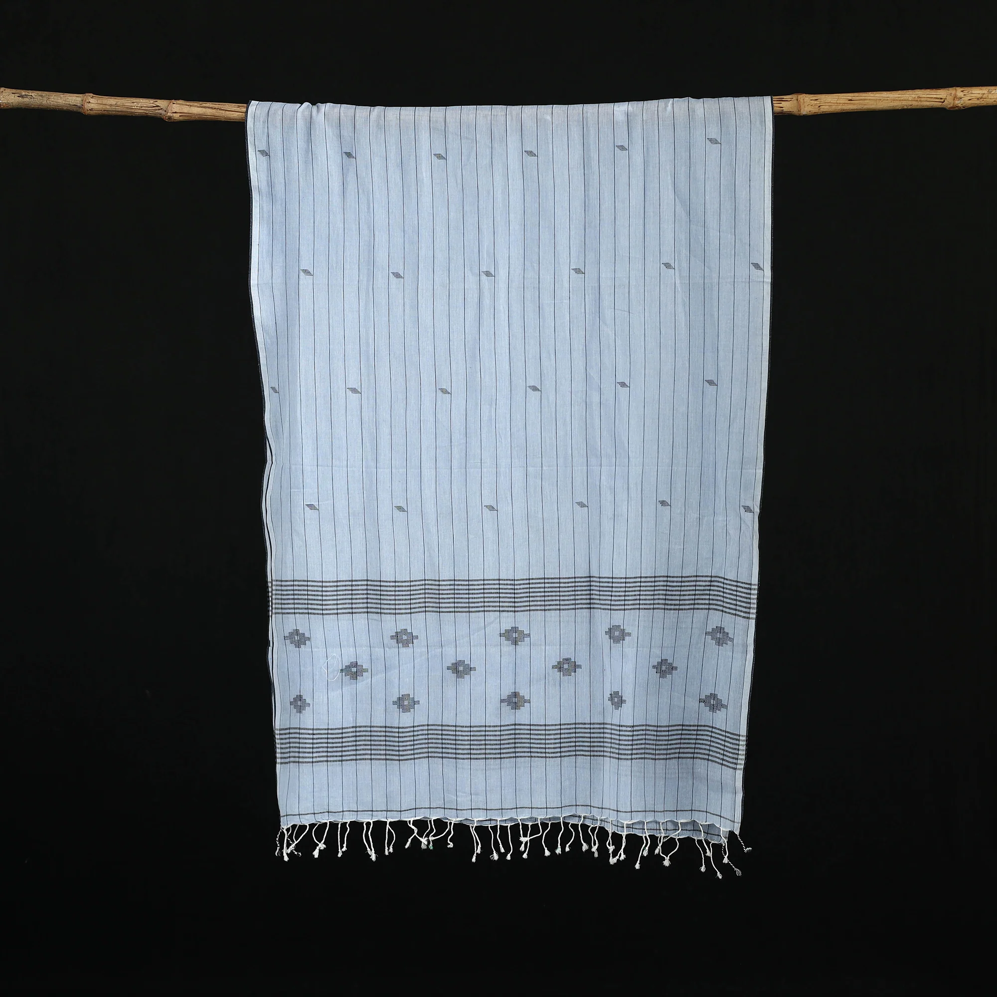 Blue - Burdwan Jamdani Handloom Cotton Stole with Tassels 27 - Image 3