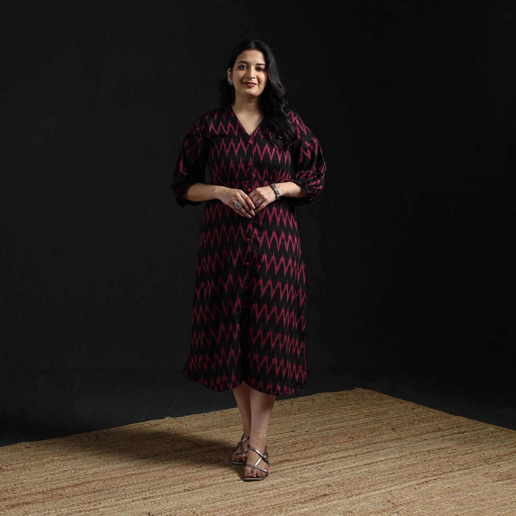 Black - Button Down Cotton Pochampally Ikat Dress 01