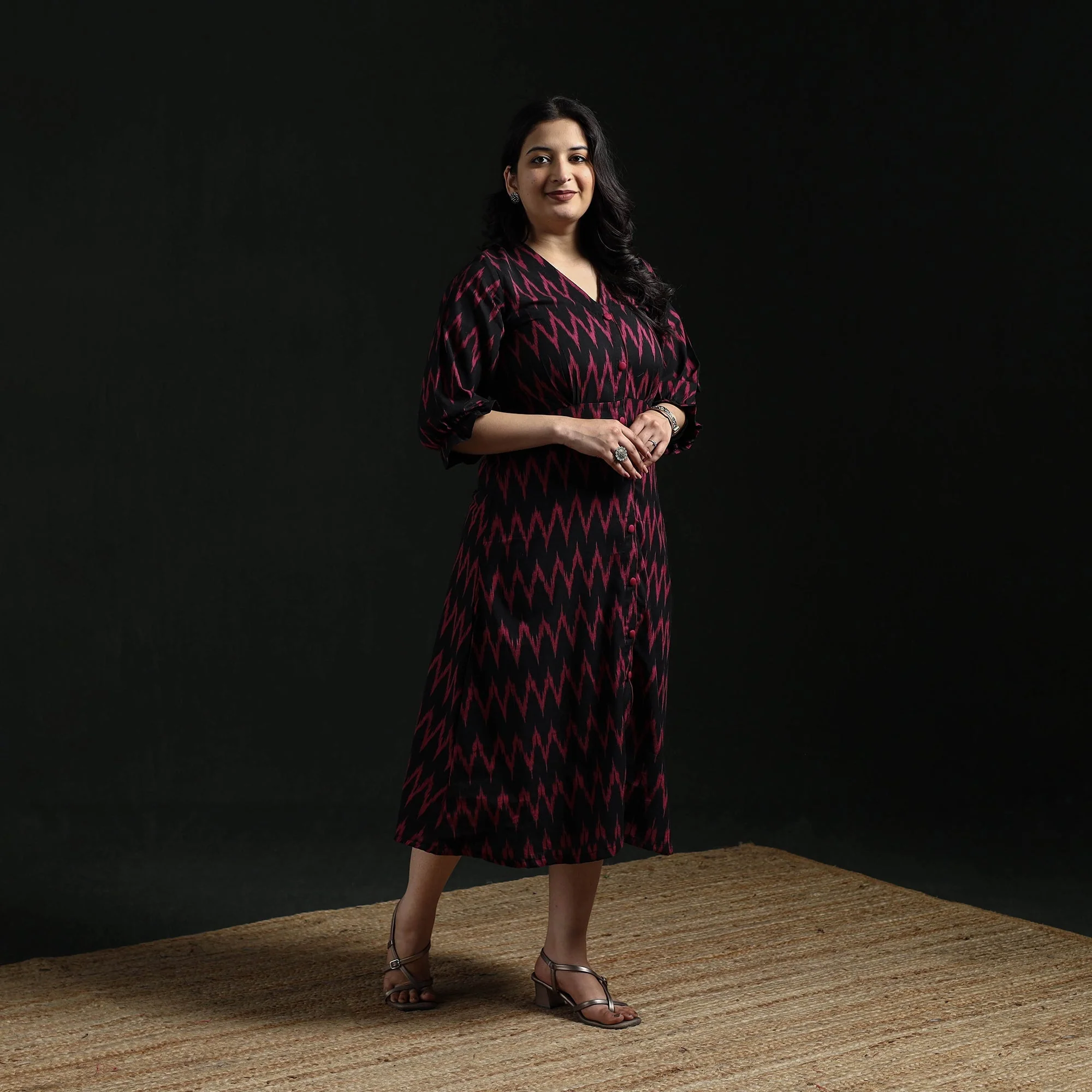 Black - Button Down Cotton Pochampally Ikat Dress 01 - Image 2