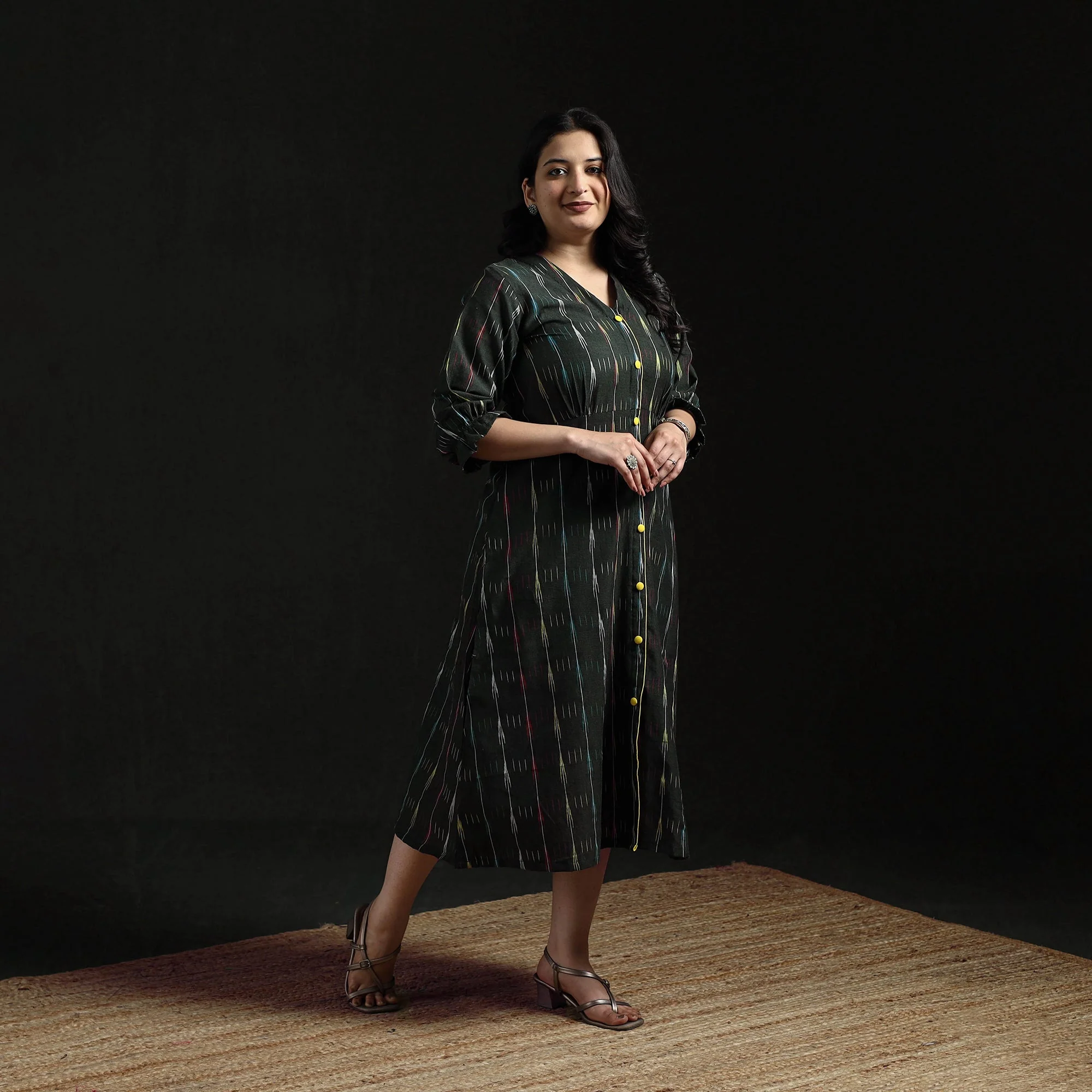 Black - Button Down Cotton Pochampally Ikat Dress 02 - Image 3