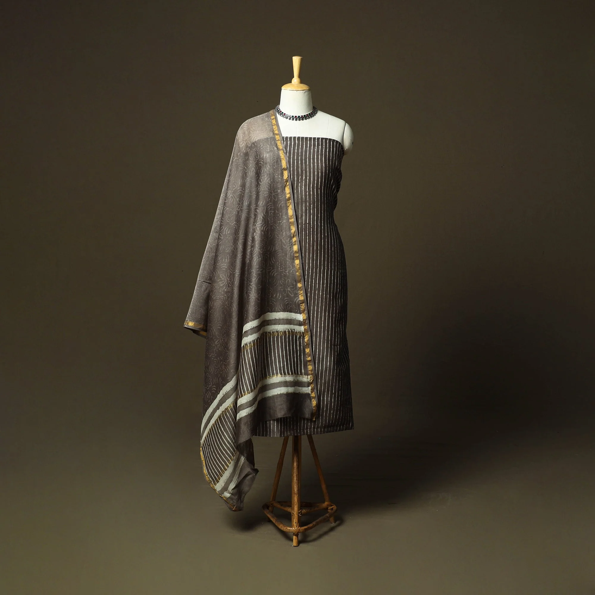 Brown - Chanderi Silk Hand Block Bagru Print 3pc Unstitched Dress Material 34 - Image 2