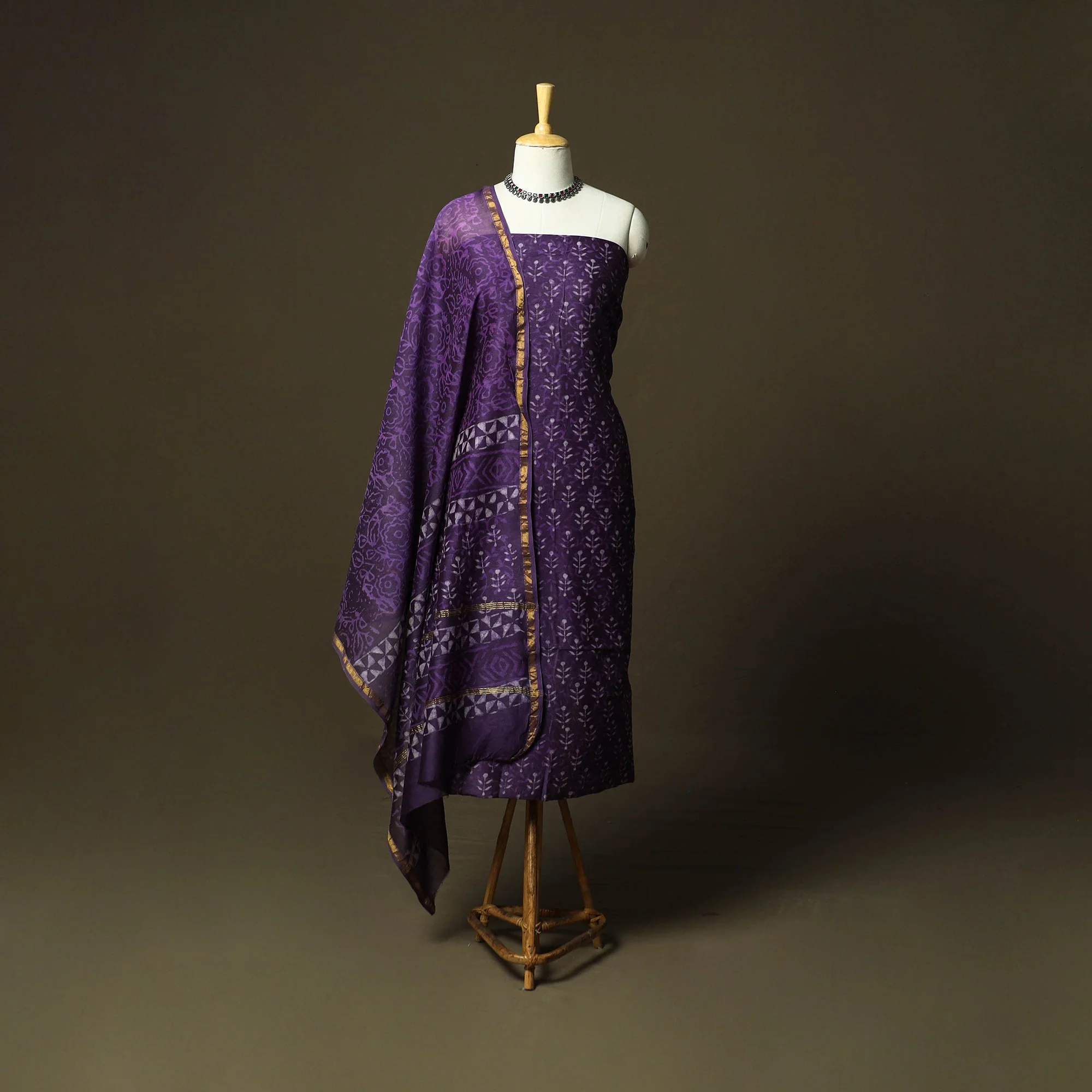 Purple - Chanderi Silk Hand Block Bagru Print 3pc Unstitched Dress Material 42 - Image 2