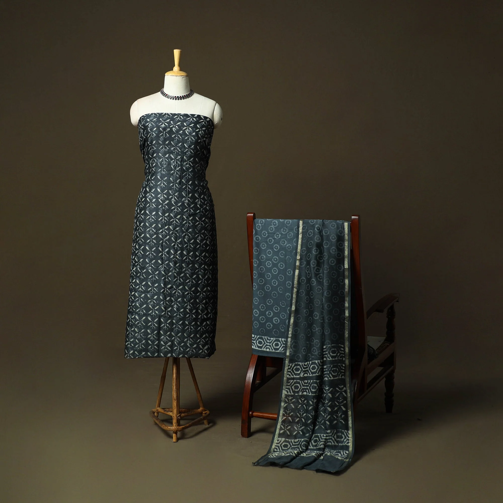 Blue - Chanderi Silk Hand Block Bagru Print Natural Dyed 3pc Unstitched Dress Material Suit Set 45