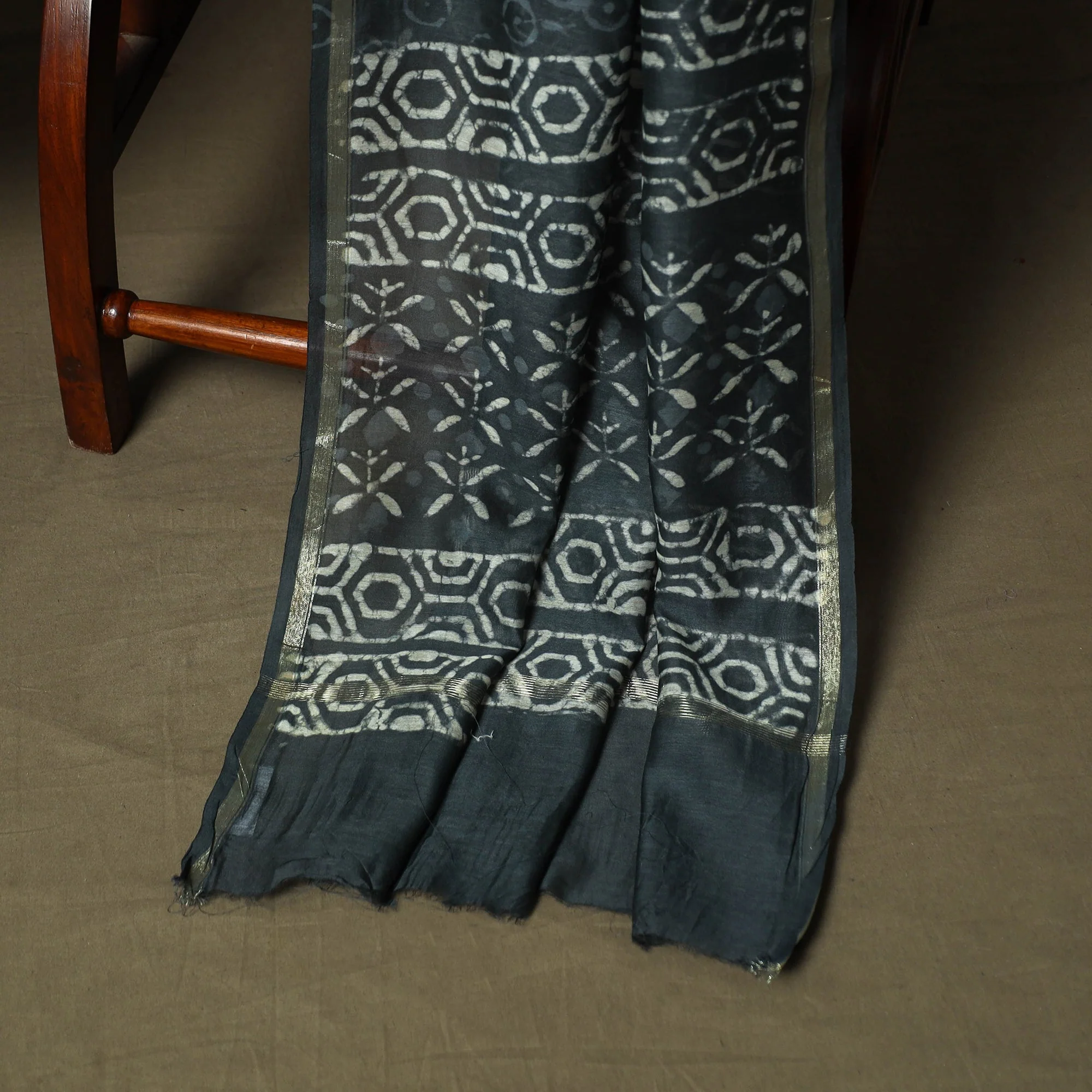 Blue - Chanderi Silk Hand Block Bagru Print Natural Dyed 3pc Unstitched Dress Material Suit Set 45 - Image 4