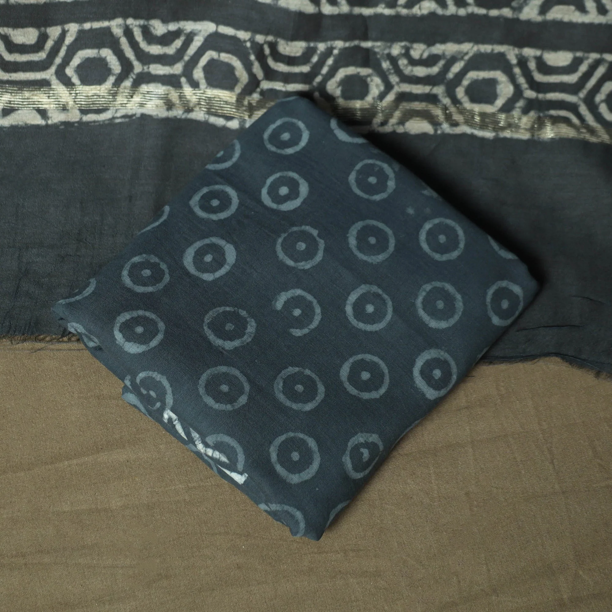 Blue - Chanderi Silk Hand Block Bagru Print Natural Dyed 3pc Unstitched Dress Material Suit Set 45 - Image 5