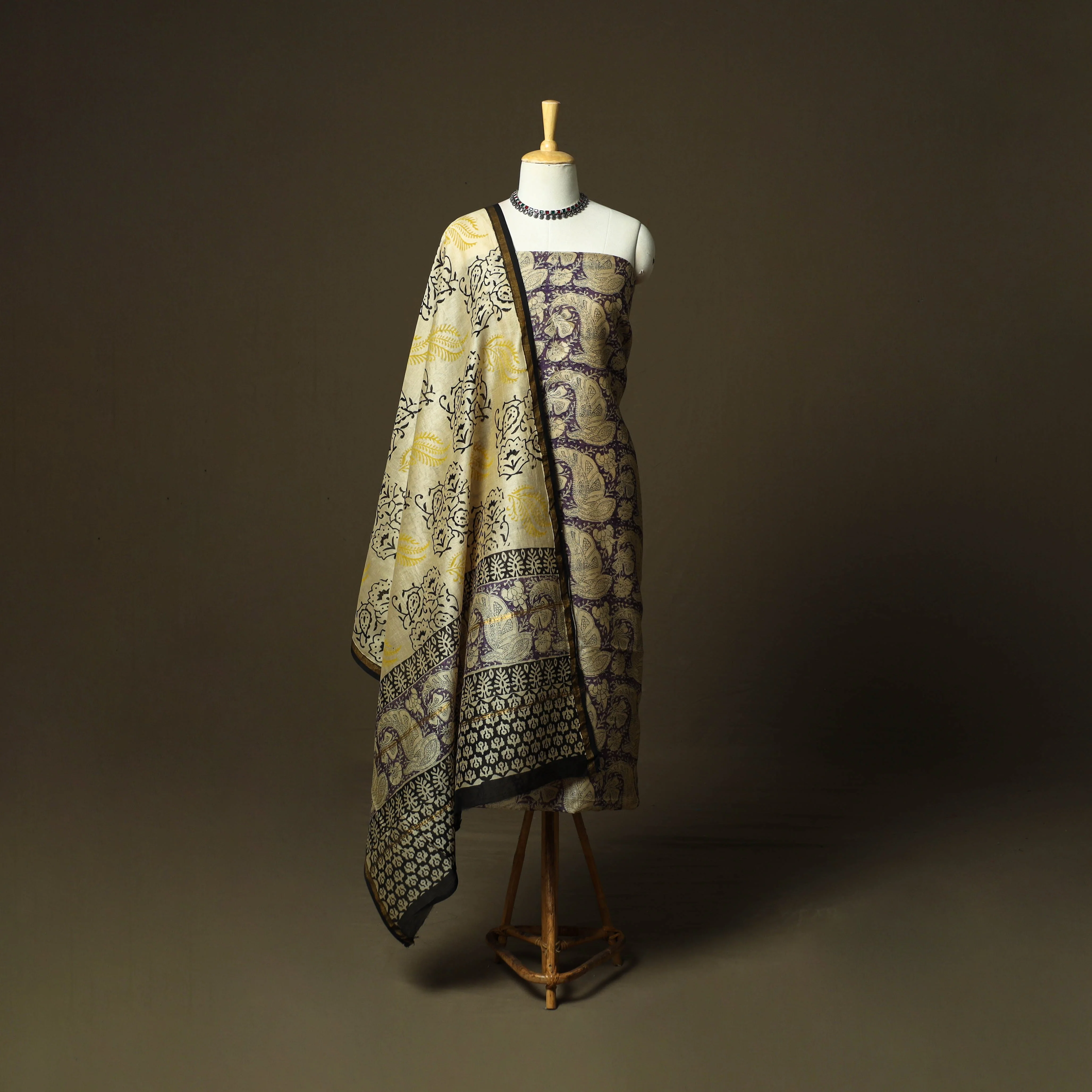 Purple - Chanderi Silk Hand Block Bagru Print 3pc Unstitched Dress Material 53 - Image 2