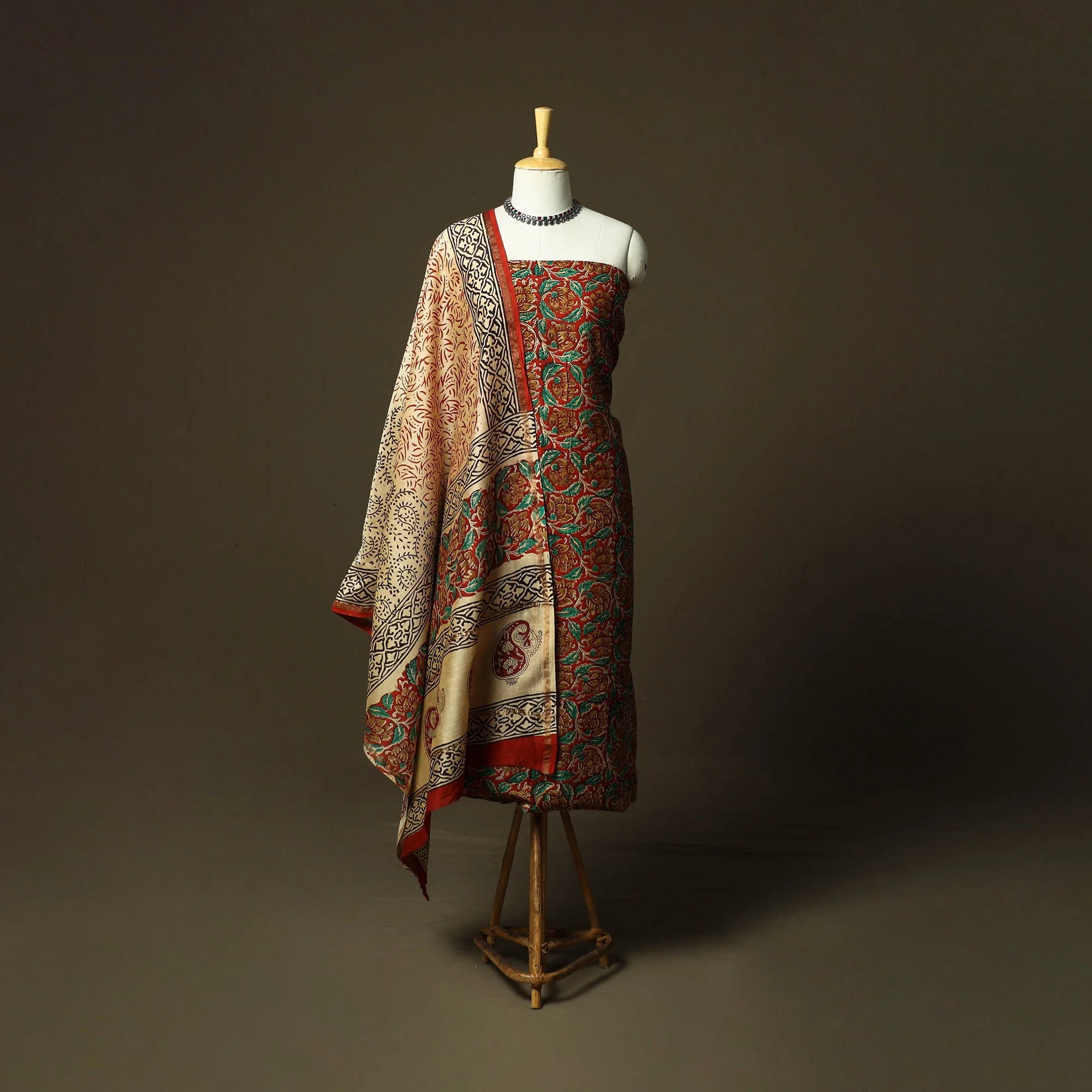 Red - Chanderi Silk Hand Block Bagru Print 3pc Unstitched Dress Material 54 - Image 2
