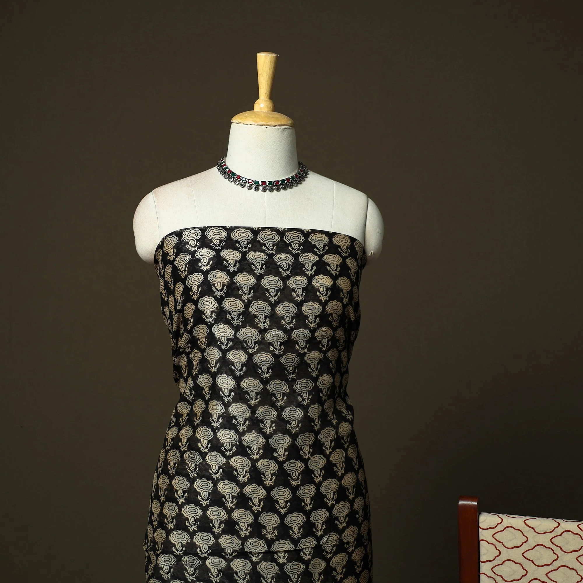 Black - Chanderi Silk Hand Block Bagru Print 3pc Unstitched Dress Material 55 - Image 3