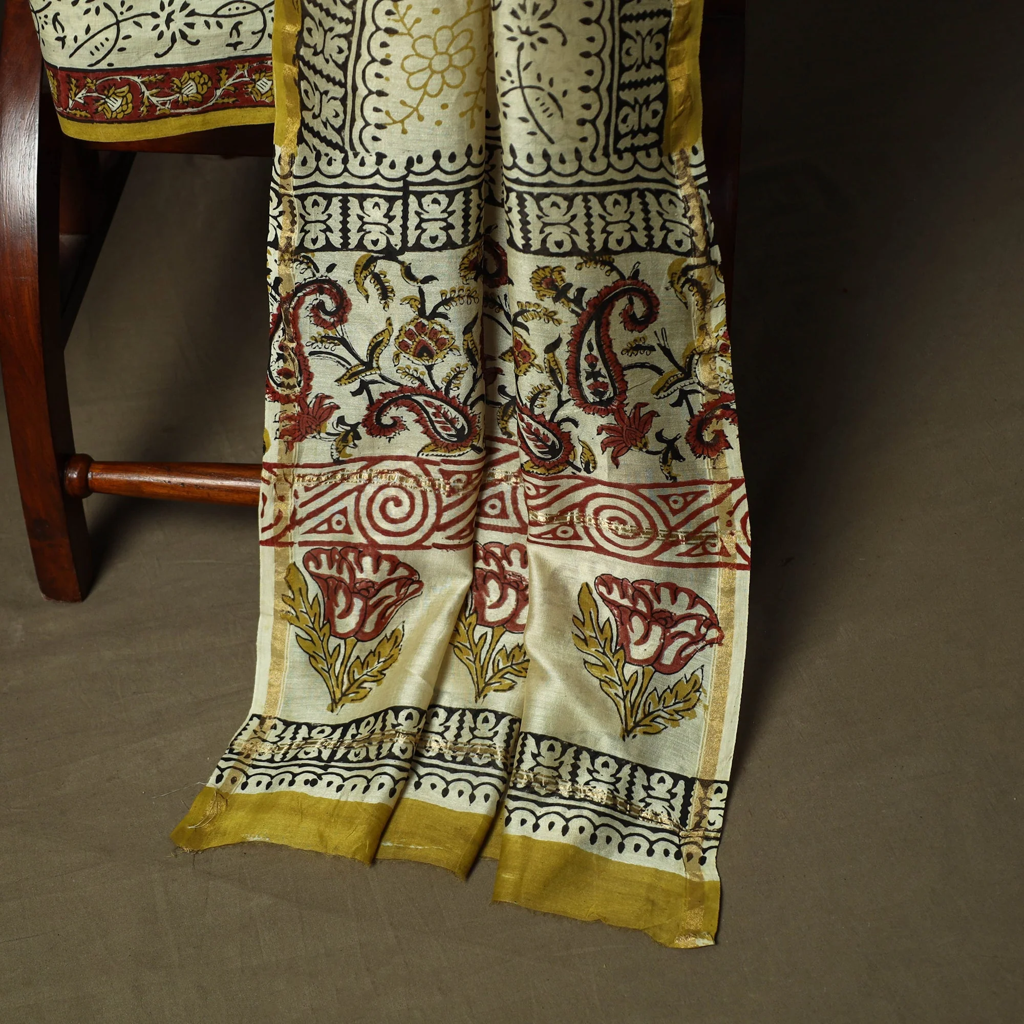 Yellow - Chanderi Silk Hand Block Bagru Print 3pc Unstitched Dress Material 60 - Image 4