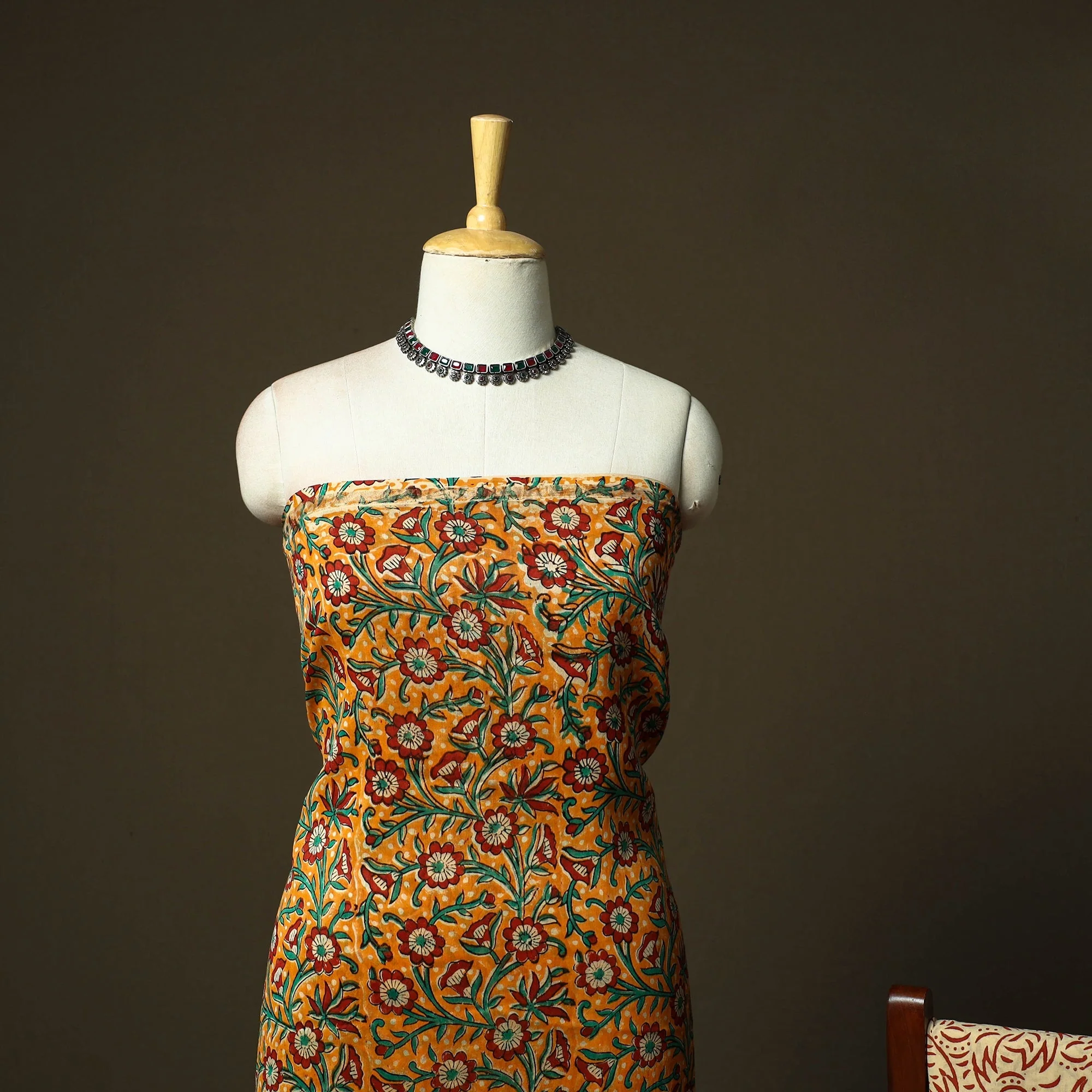 Orange - Chanderi Silk Hand Block Bagru Print Natural Dyed 3pc Unstitched Dress Material Suit Set 63 - Image 3
