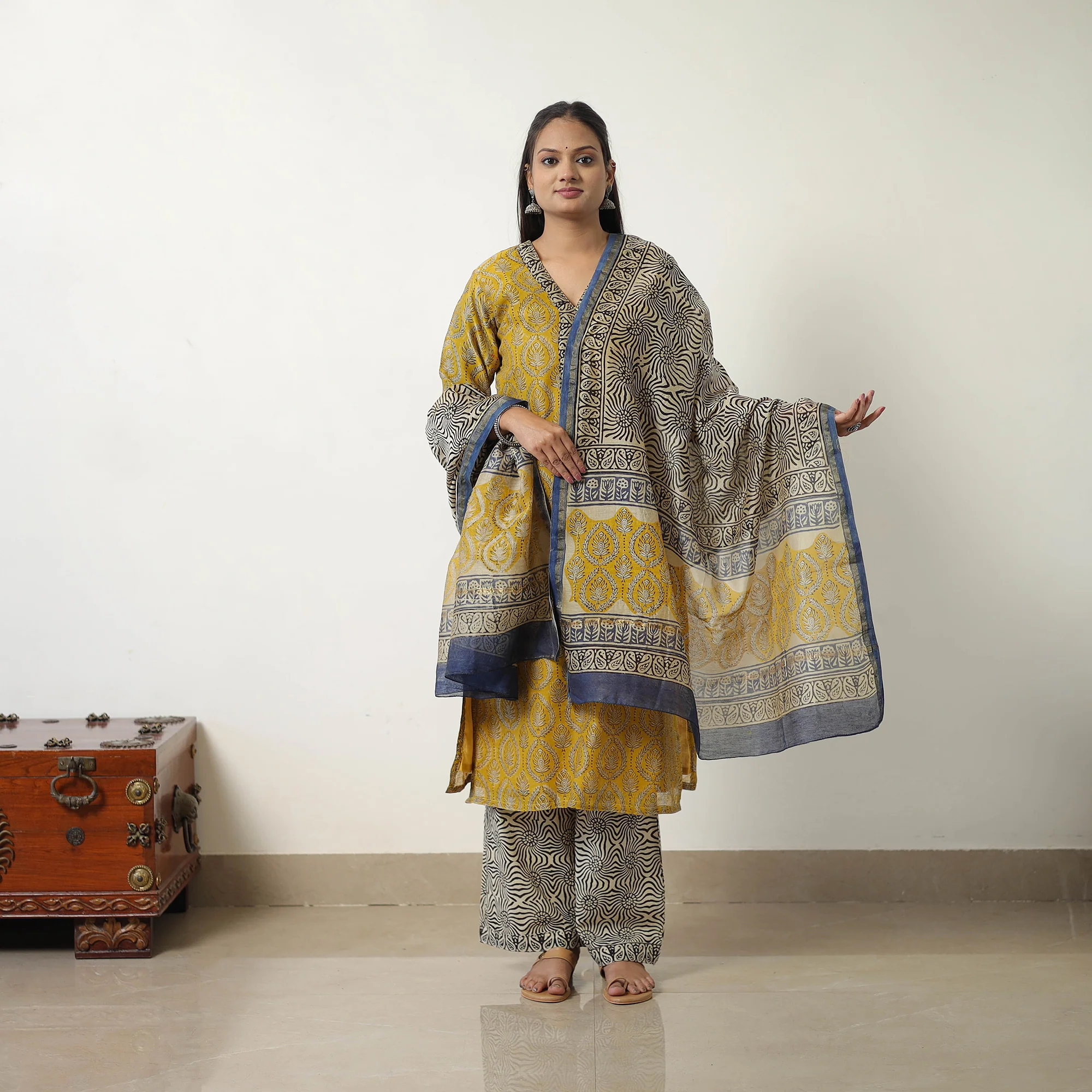 Yellow - Chanderi Silk Hand Block Bagru Print Kurta Set 04 - Image 3