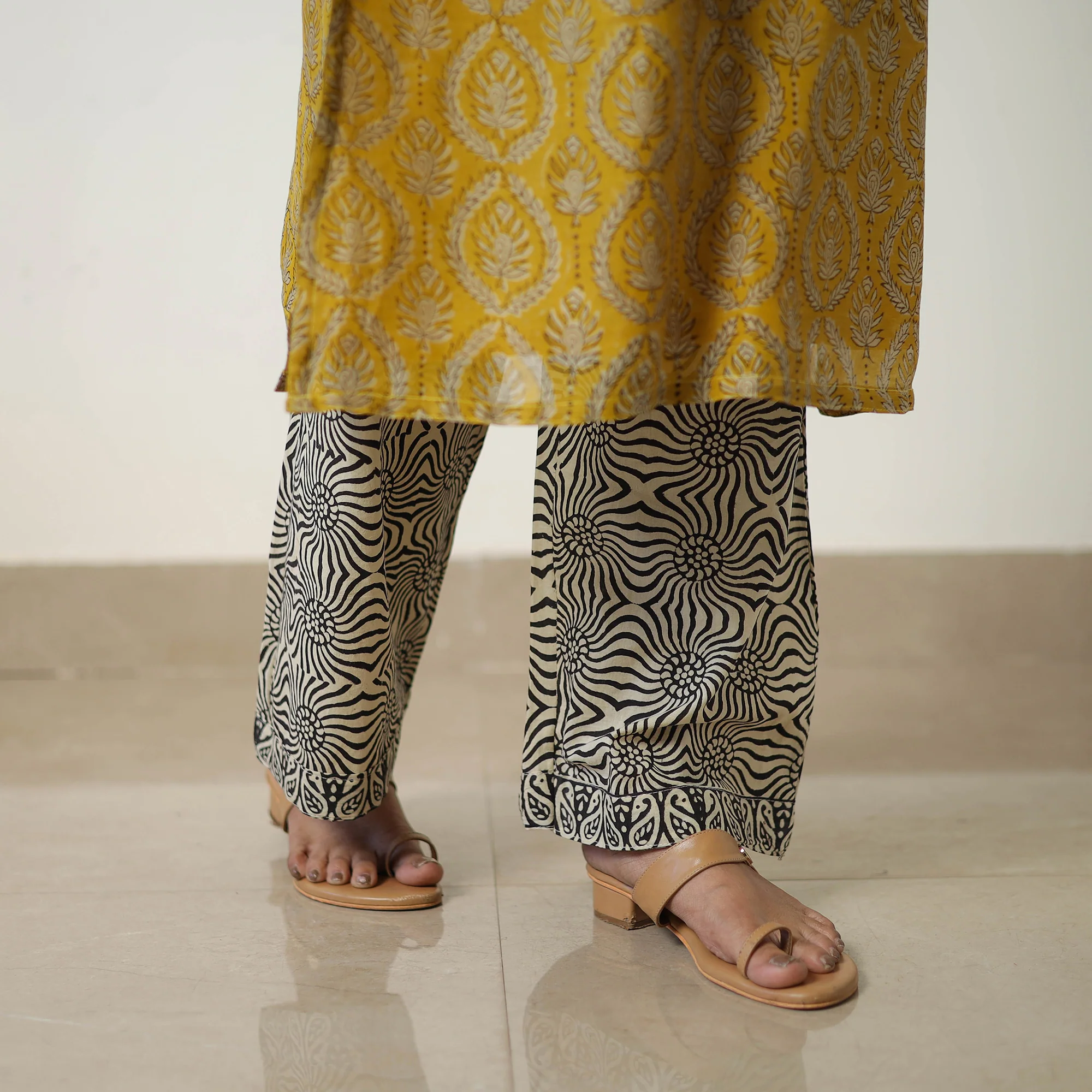Yellow - Chanderi Silk Hand Block Bagru Print Kurta Set 04 - Image 6