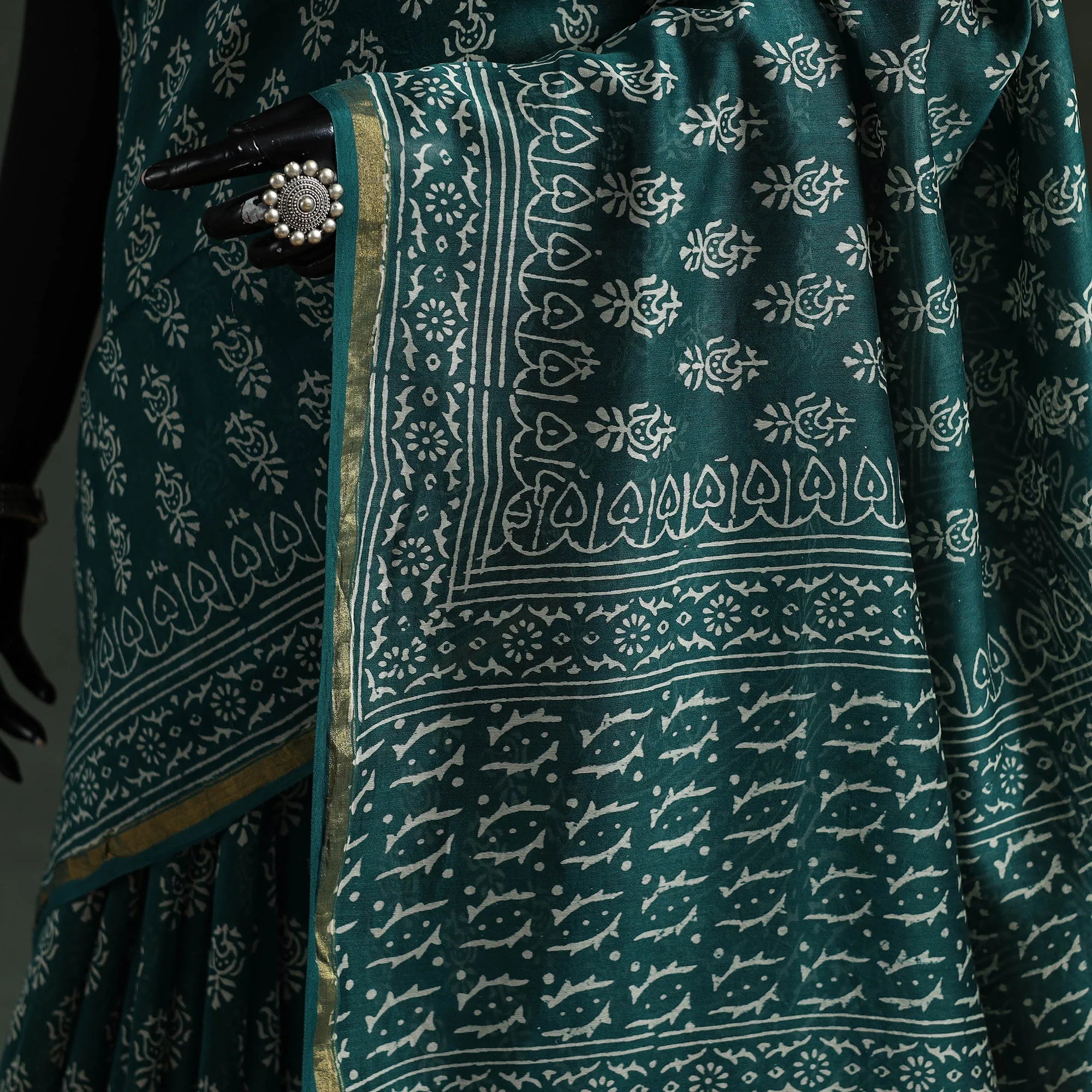 Green - Chanderi Silk Hand Block Batik Print Saree 69 - Image 3