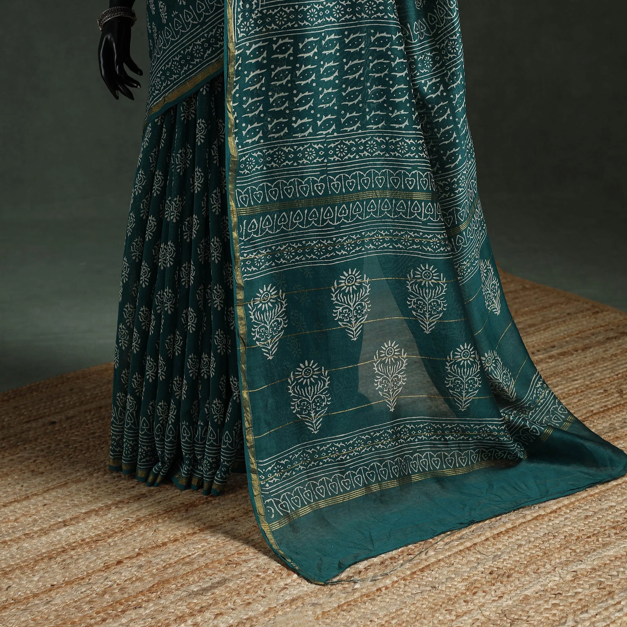 Green - Chanderi Silk Hand Block Batik Print Saree 69 - Image 4