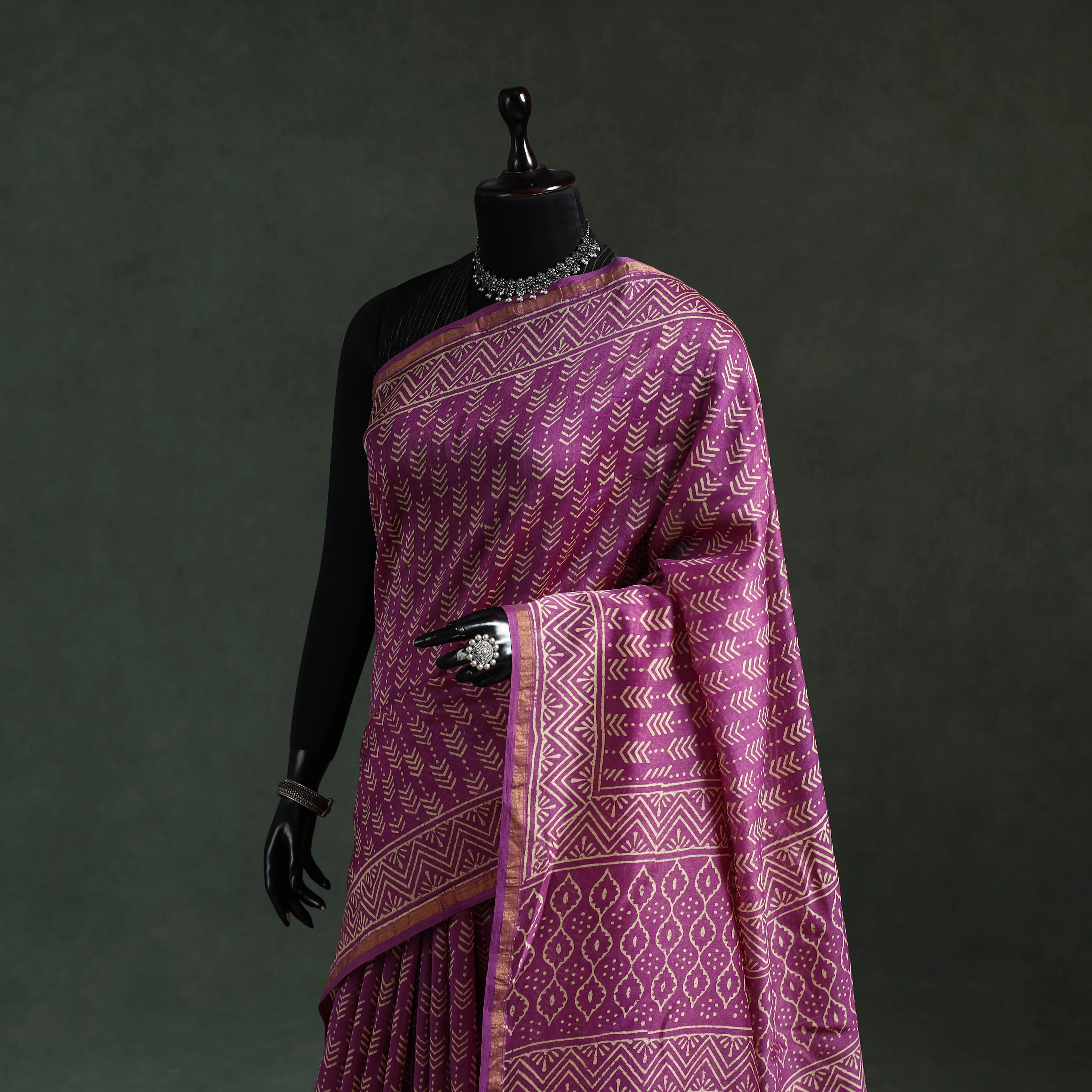 Purple - Chanderi Silk Hand Block Batik Print Saree 74 - Image 2