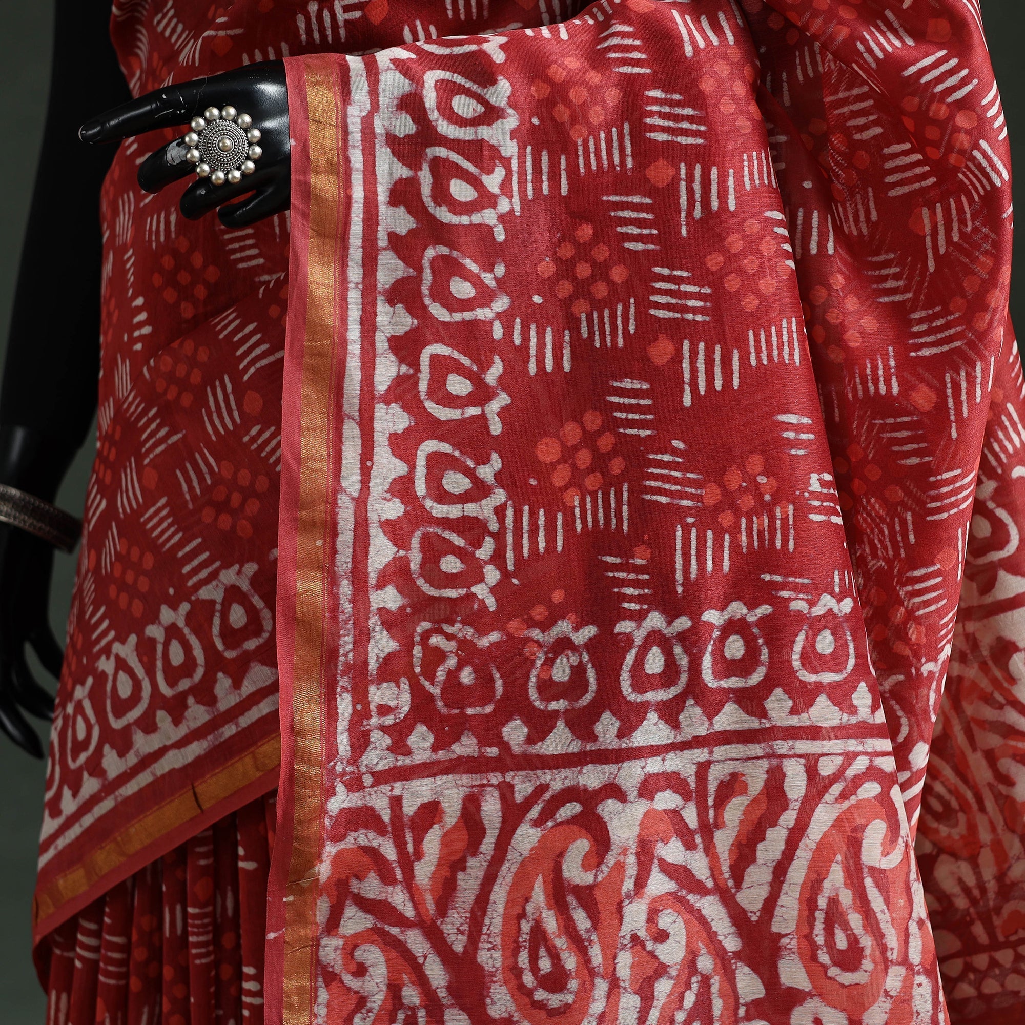 Red - Chanderi Silk Hand Block Batik Print Saree 77 - Image 3