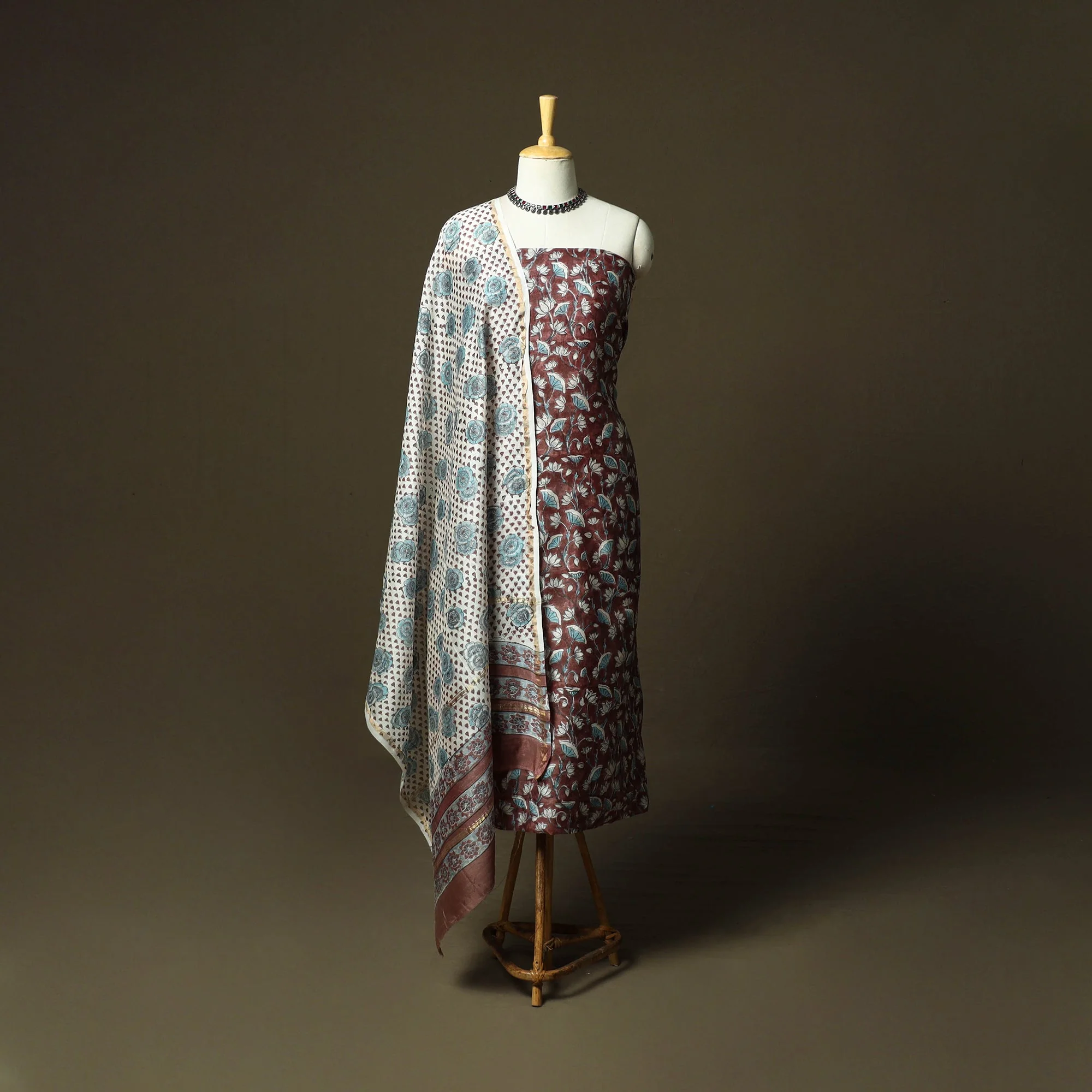 Brown - Chanderi Silk Hand Block Sanganeri Print 3pc Unstitched Dress Material 26 - Image 2