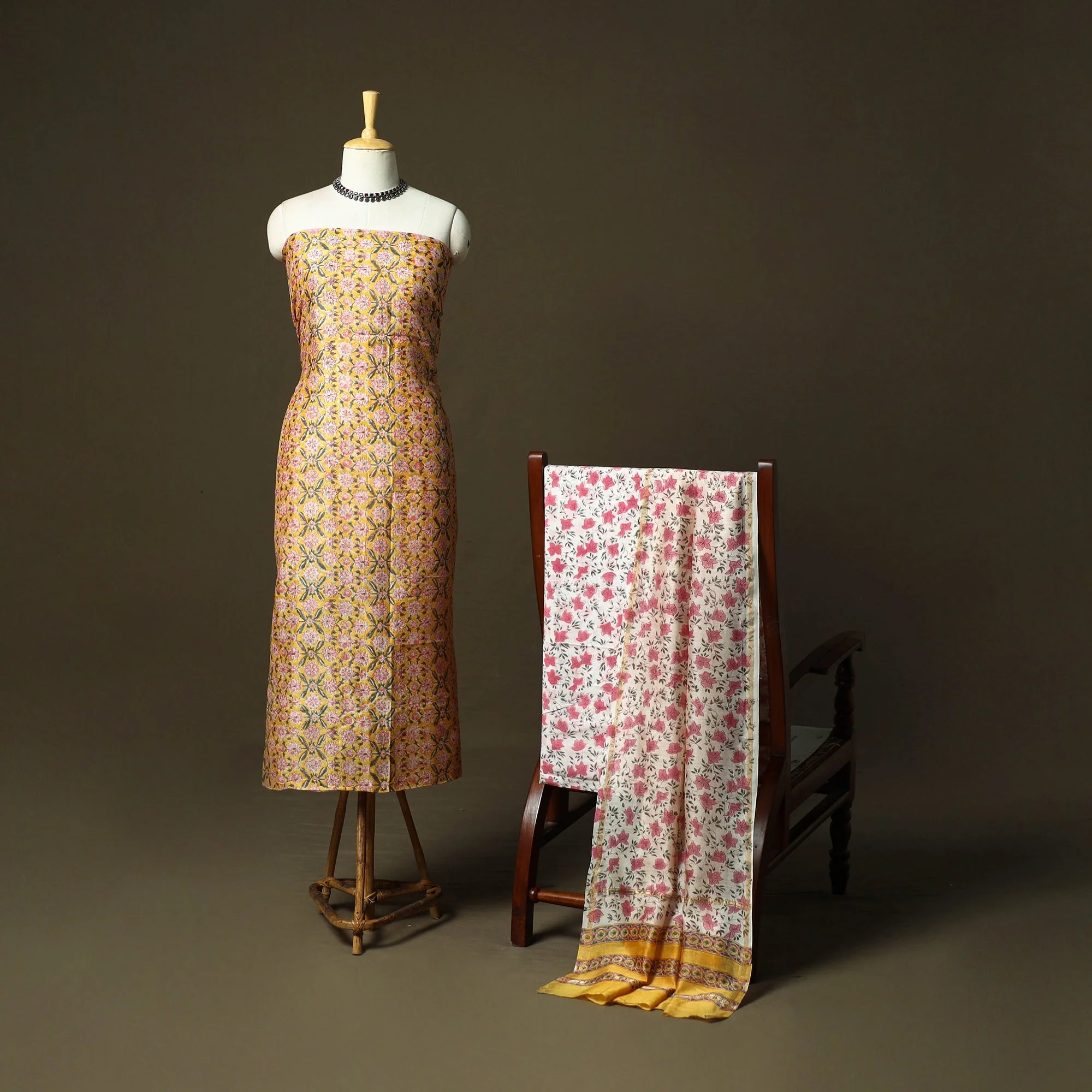 Yellow - Chanderi Silk Hand Block Sanganeri Print 3pc Unstitched Dress Material 27