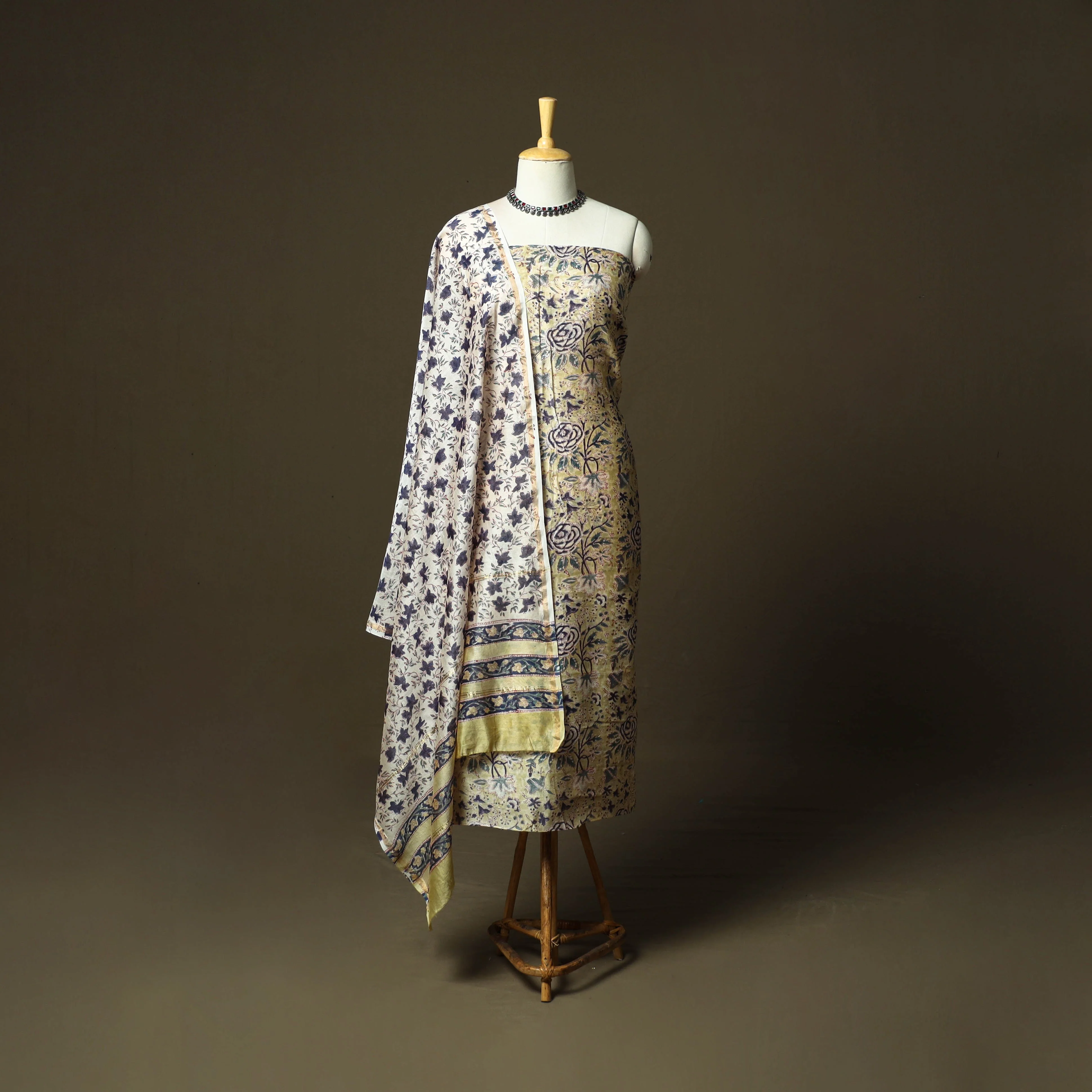 Yellow - Chanderi Silk Hand Block Sanganeri Print 3pc Unstitched Dress Material 29 - Image 2