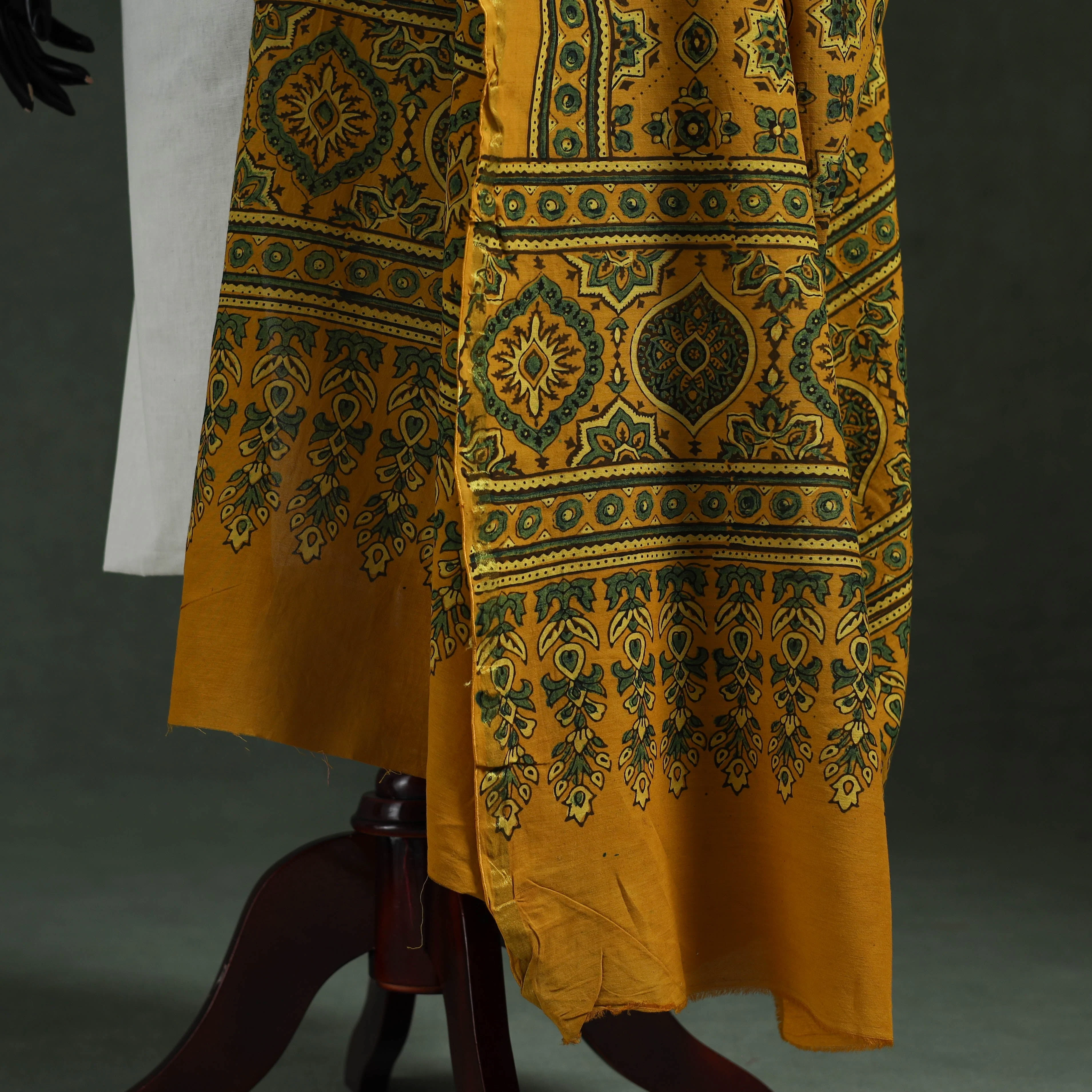 Yellow - Chanderi Silk Kutch Hand Block Print Natural Dyed Handloom Ajrakh Dupatta 03 - Image 4