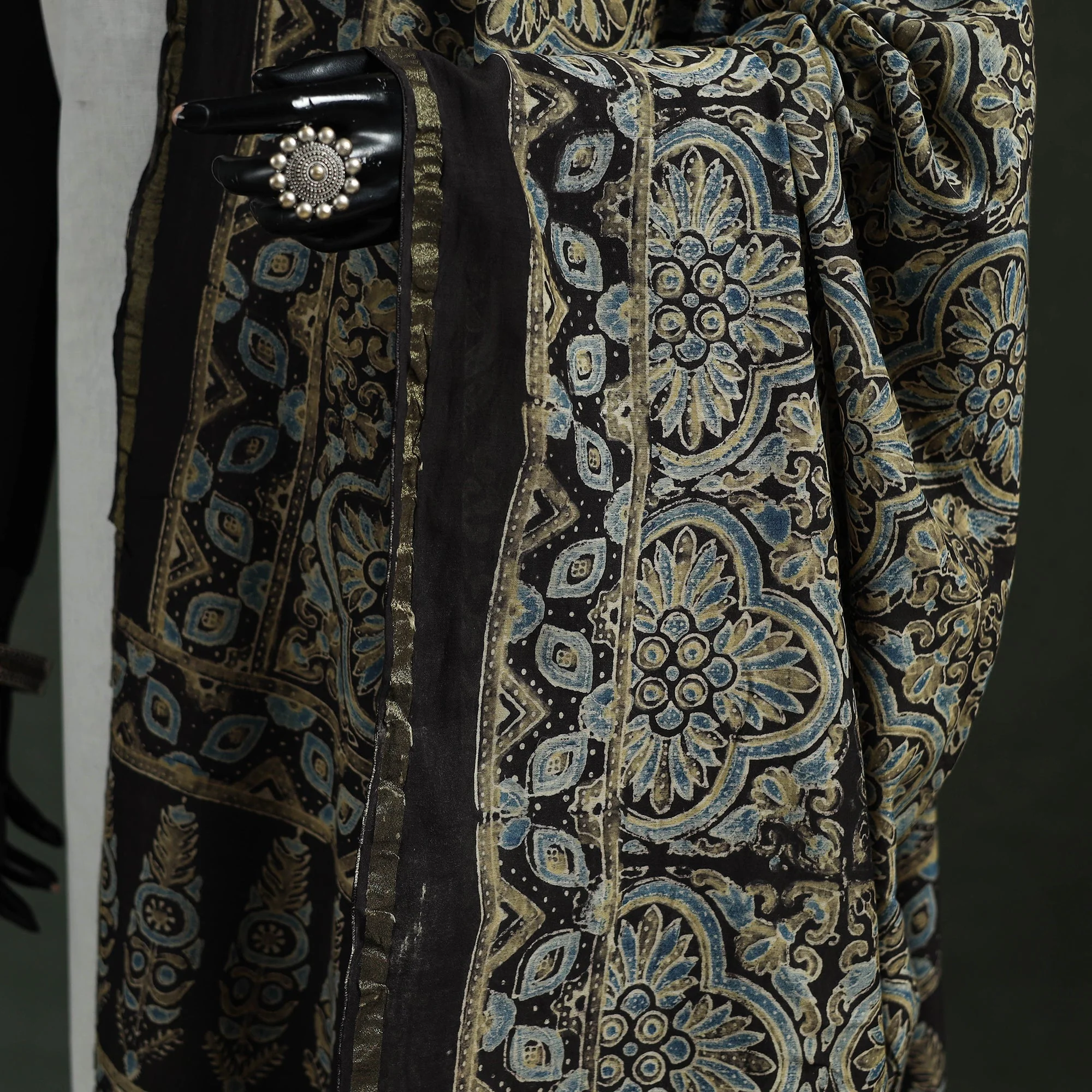 Black - Chanderi Silk Kutch Hand Block Print Natural Dyed Handloom Ajrakh Dupatta 11 - Image 3