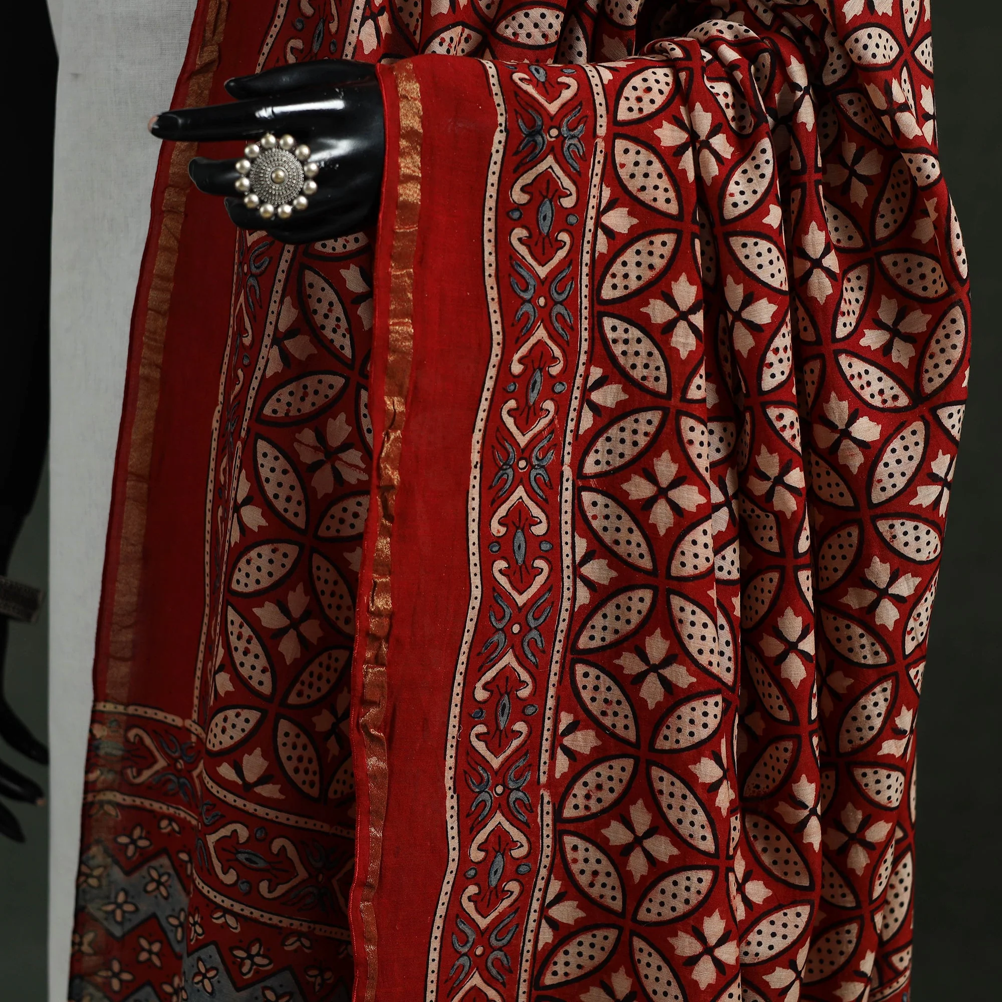 Red - Chanderi Silk Kutch Hand Block Print Natural Dyed Handloom Ajrakh Dupatta 12 - Image 3