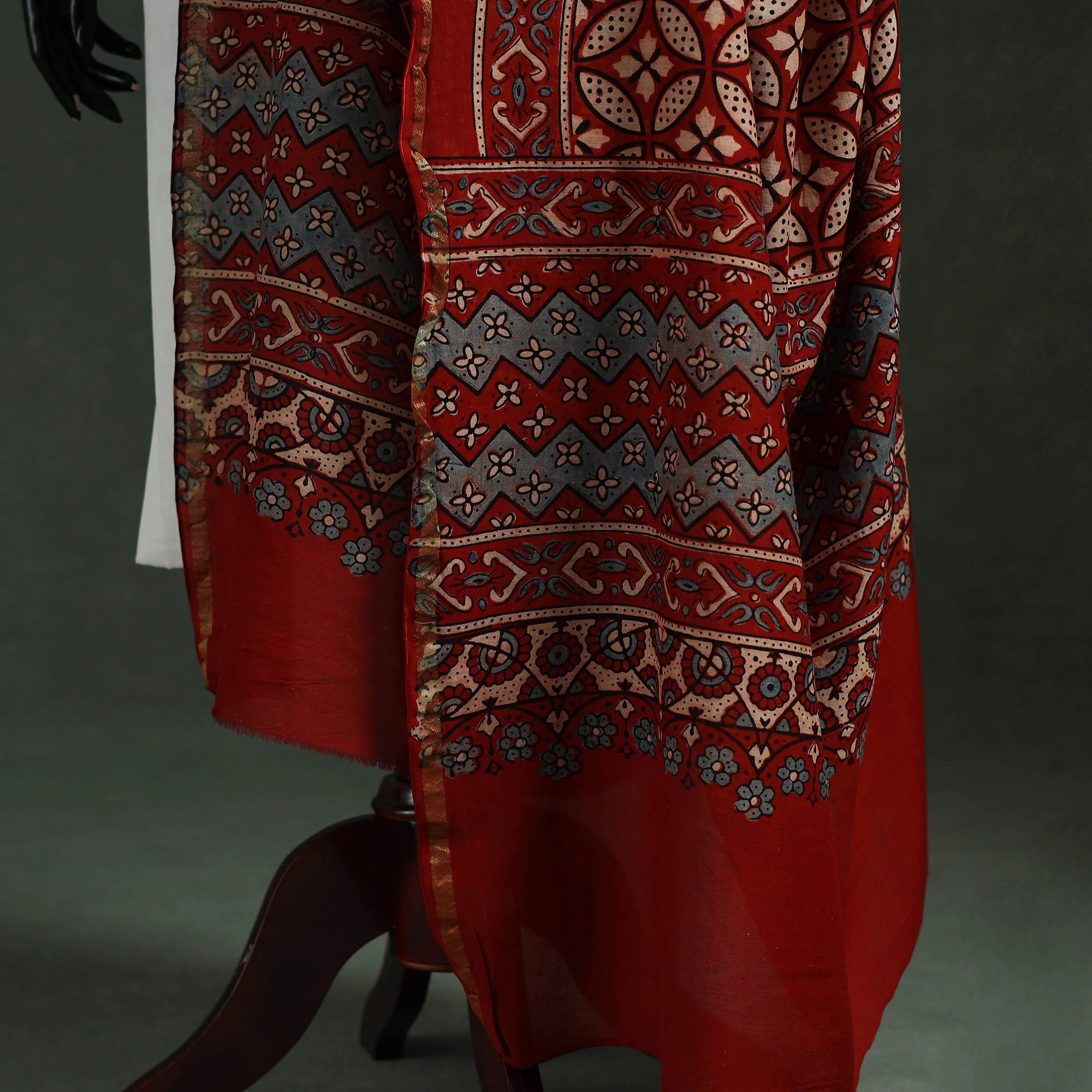 Red - Chanderi Silk Kutch Hand Block Print Natural Dyed Handloom Ajrakh Dupatta 12 - Image 4