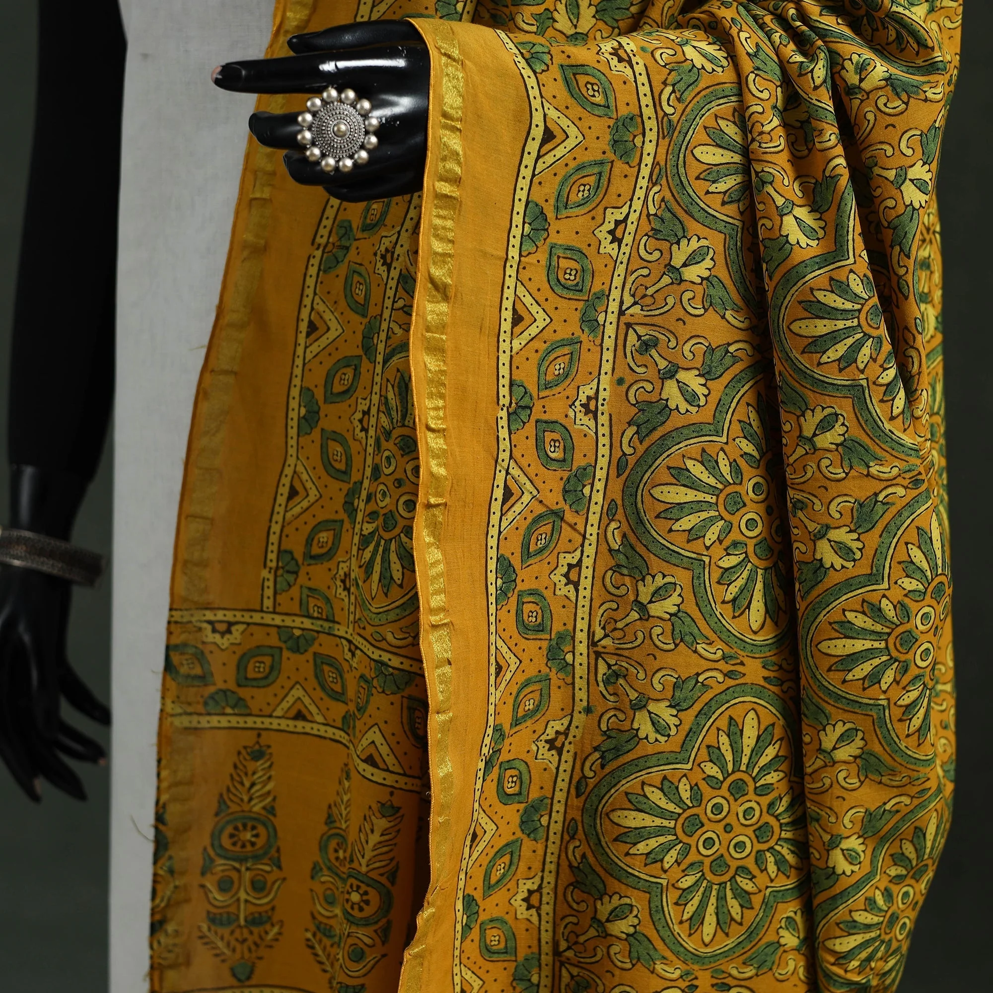 Yellow - Chanderi Silk Kutch Hand Block Print Natural Dyed Handloom Ajrakh Dupatta 13 - Image 3