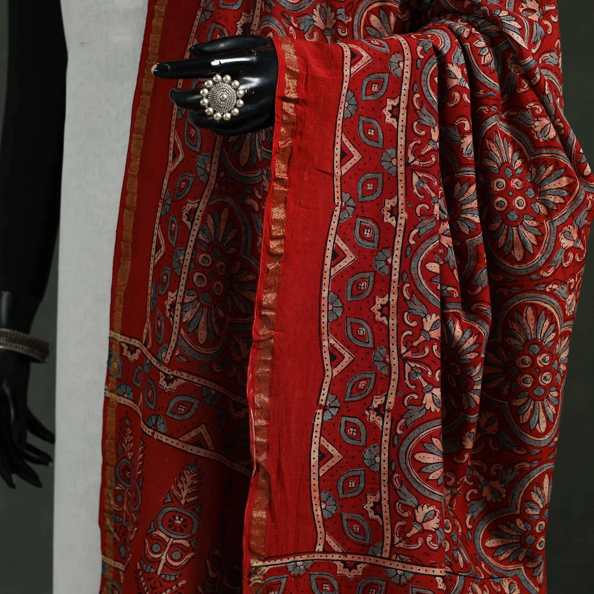Red - Chanderi Silk Kutch Hand Block Print Natural Dyed Handloom Ajrakh Dupatta 18 - Image 3