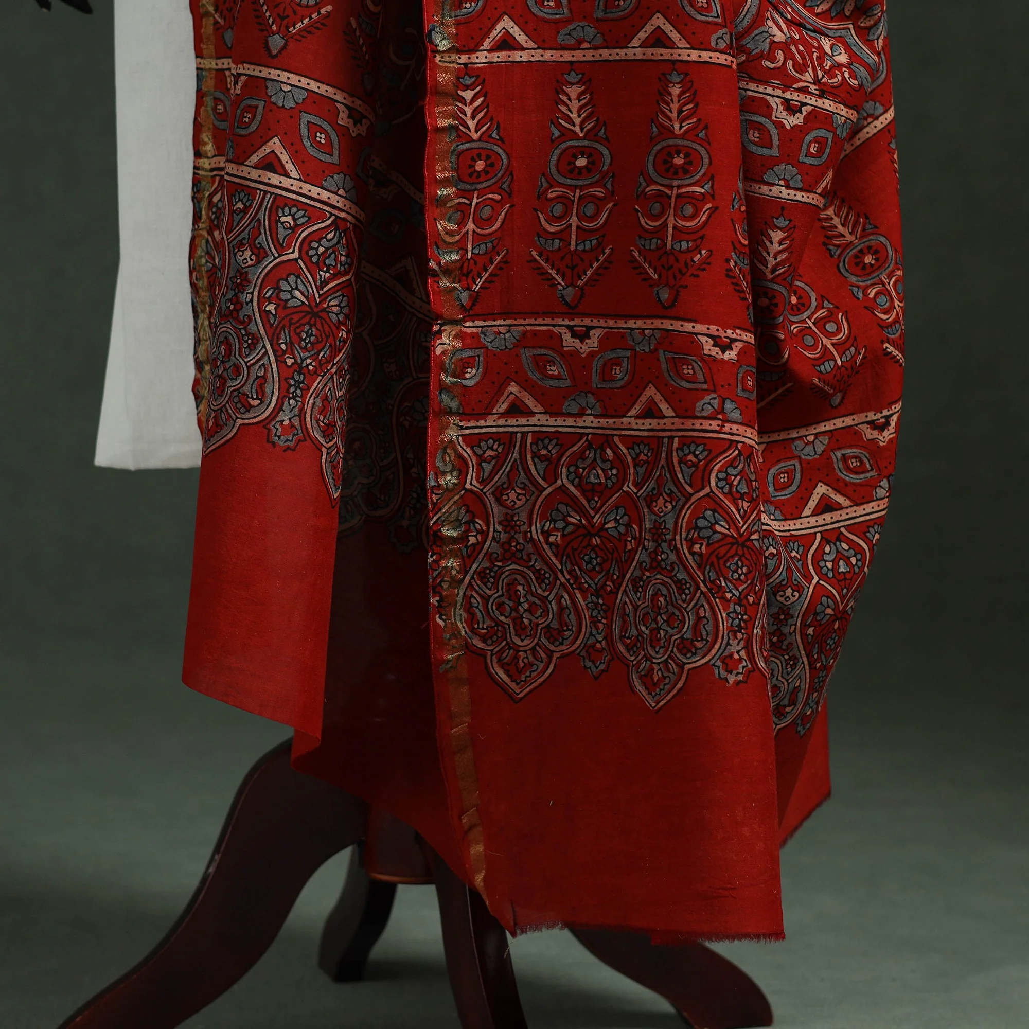 Red - Chanderi Silk Kutch Hand Block Print Natural Dyed Handloom Ajrakh Dupatta 18 - Image 4