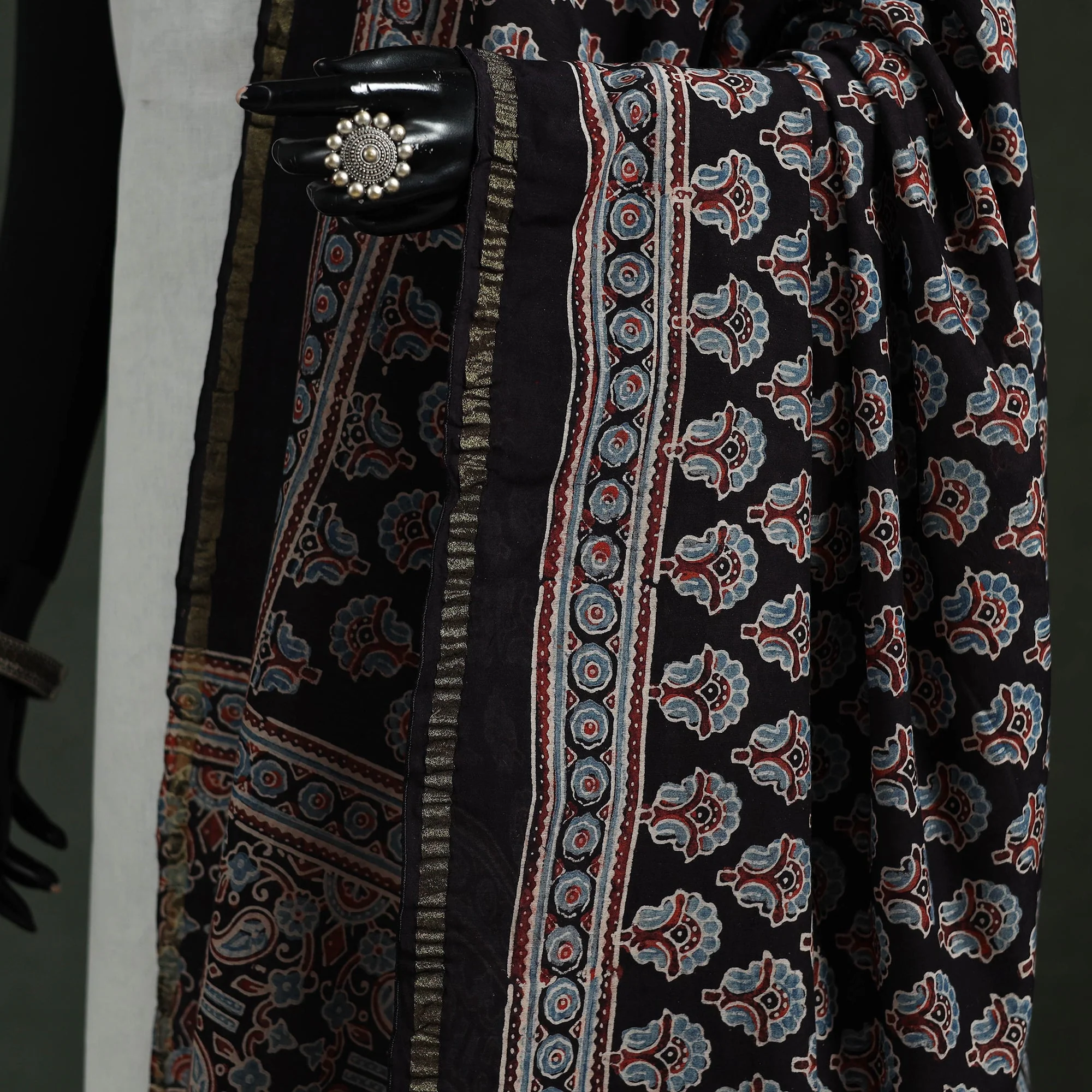 Black - Chanderi Silk Kutch Hand Block Print Natural Dyed Handloom Ajrakh Dupatta 20 - Image 3