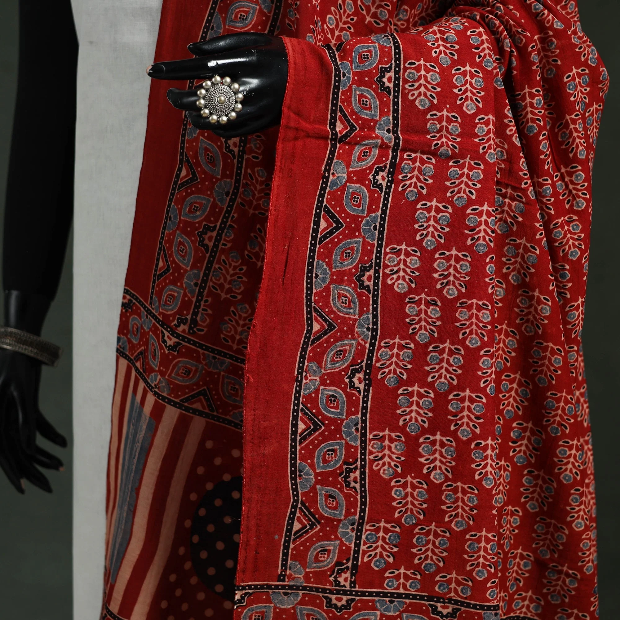 Red - Chanderi Silk Kutch Hand Block Print Natural Dyed Handloom Ajrakh Dupatta 22 - Image 3
