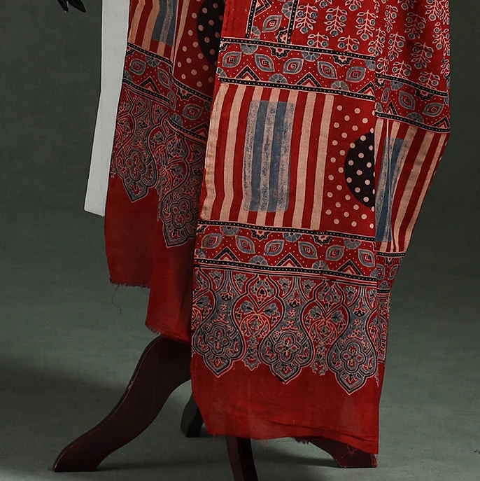 Red - Chanderi Silk Kutch Hand Block Print Natural Dyed Handloom Ajrakh Dupatta 22 - Image 4