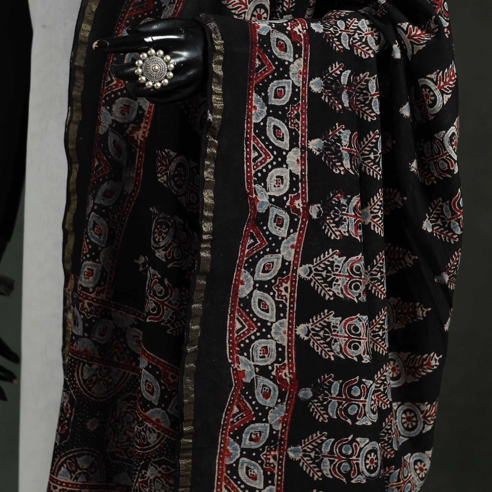 Black - Chanderi Silk Kutch Hand Block Print Natural Dyed Handloom Ajrakh Dupatta 26 - Image 3