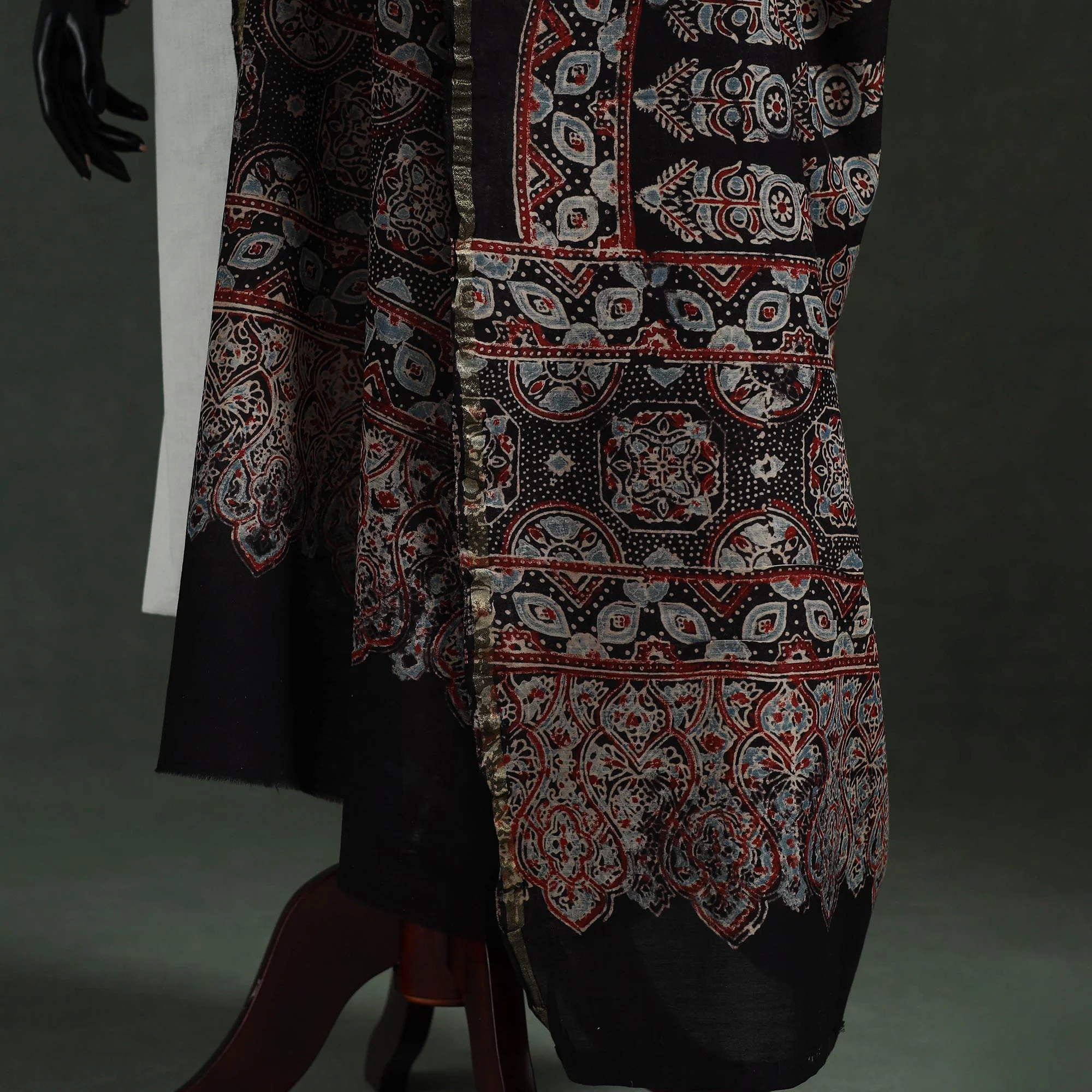 Black - Chanderi Silk Kutch Hand Block Print Natural Dyed Handloom Ajrakh Dupatta 26 - Image 4