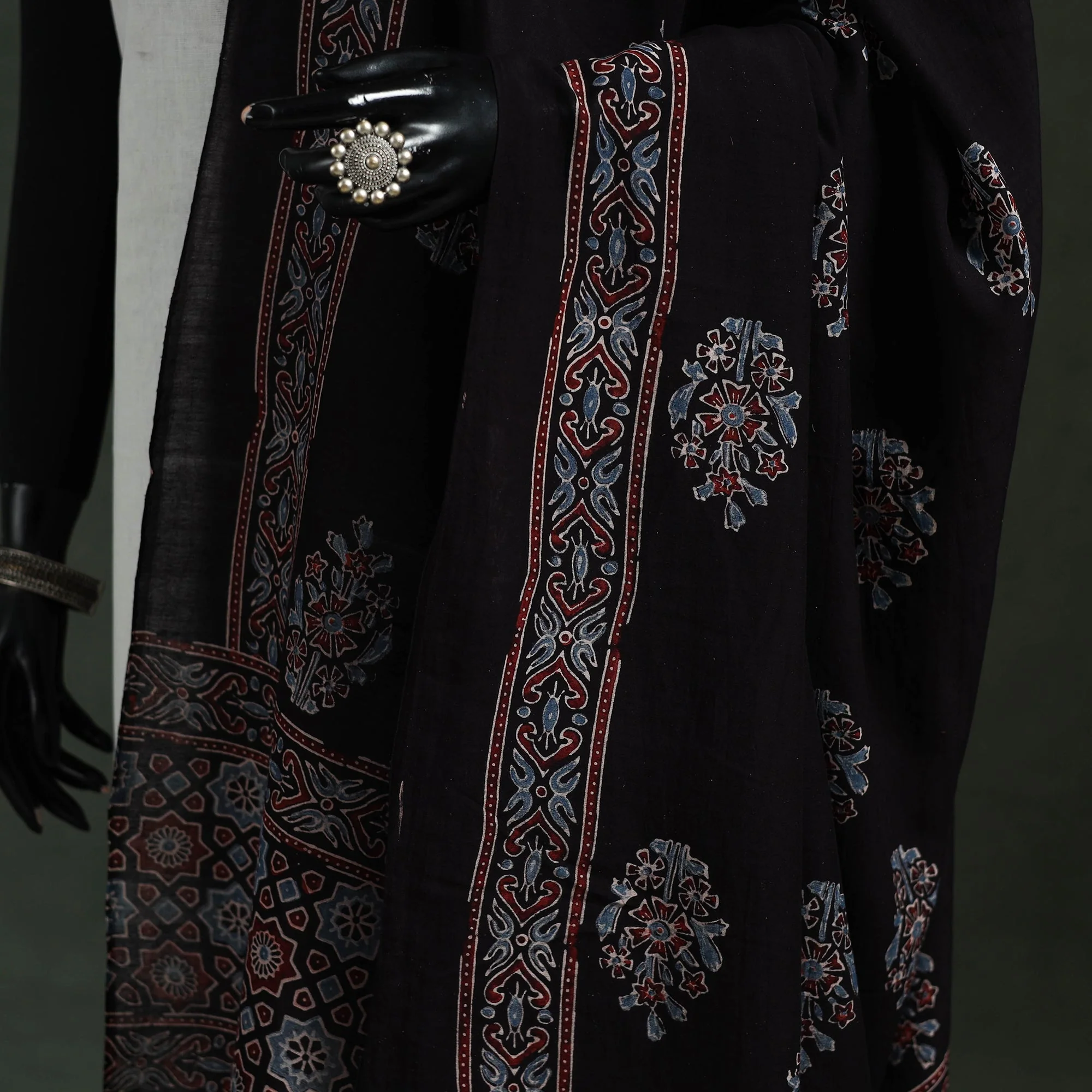 Black - Chanderi Silk Kutch Hand Block Print Natural Dyed Handloom Ajrakh Dupatta 27 - Image 3