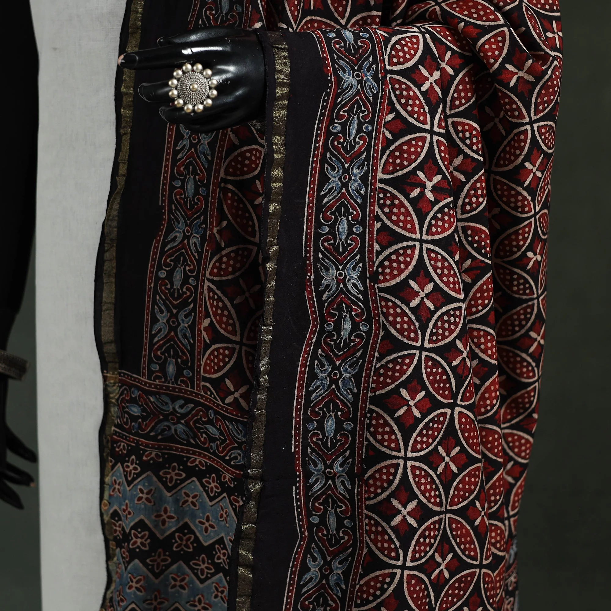 Black - Chanderi Silk Kutch Hand Block Print Natural Dyed Handloom Ajrakh Dupatta 30 - Image 3