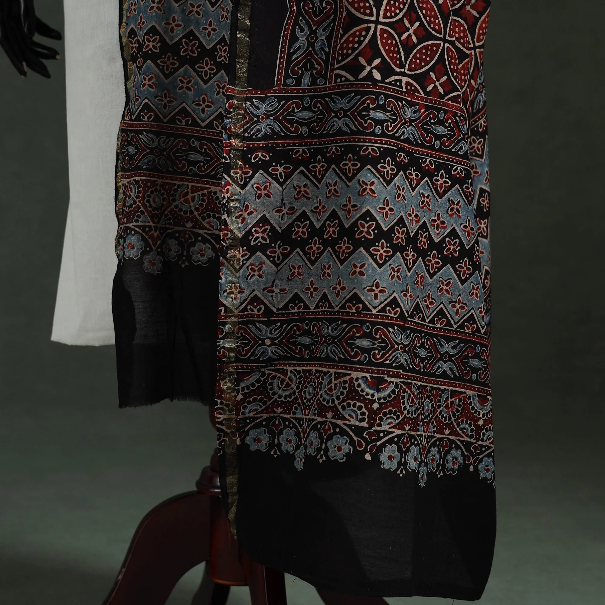 Black - Chanderi Silk Kutch Hand Block Print Natural Dyed Handloom Ajrakh Dupatta 30 - Image 4